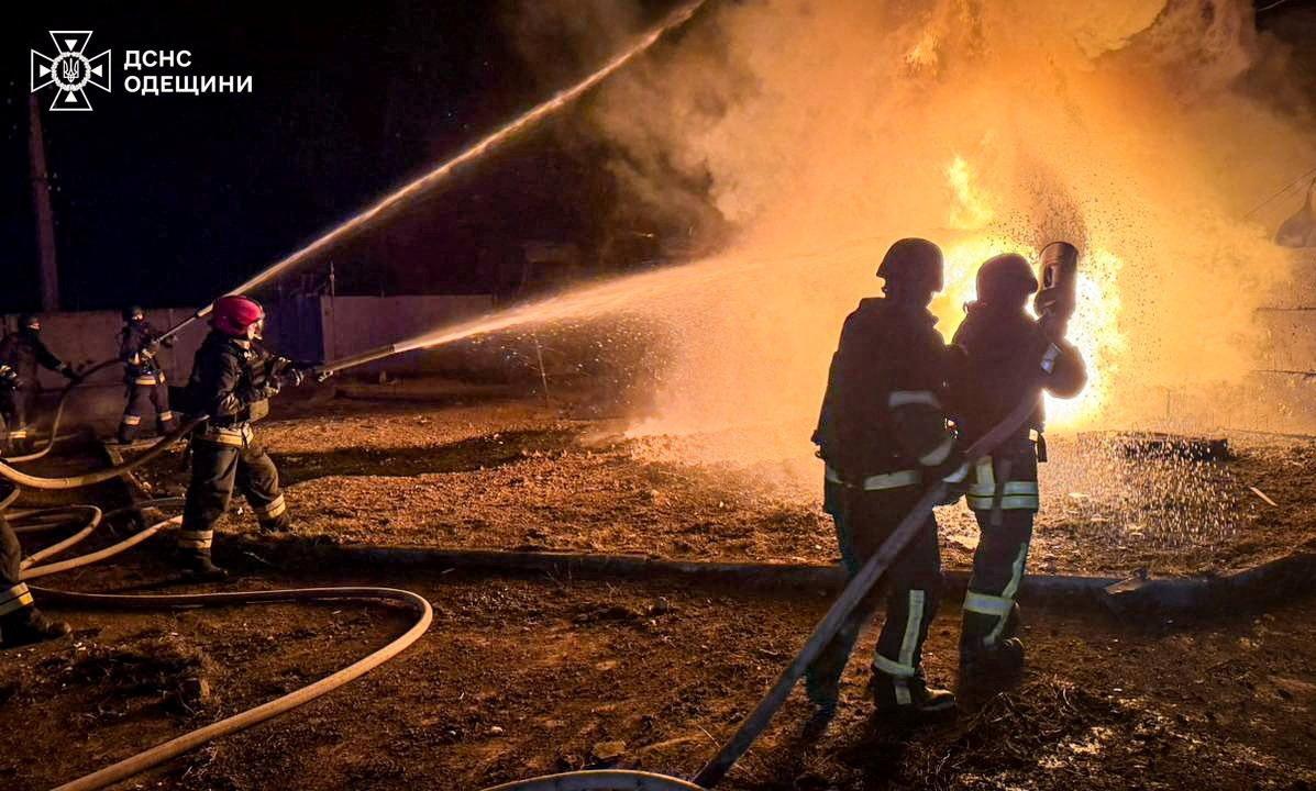 Firefighters work at the site of the Russian drone strike, amid Russia's attack on Ukraine, in Odesa region, Ukraine in this handout picture released November 11, 2025.
