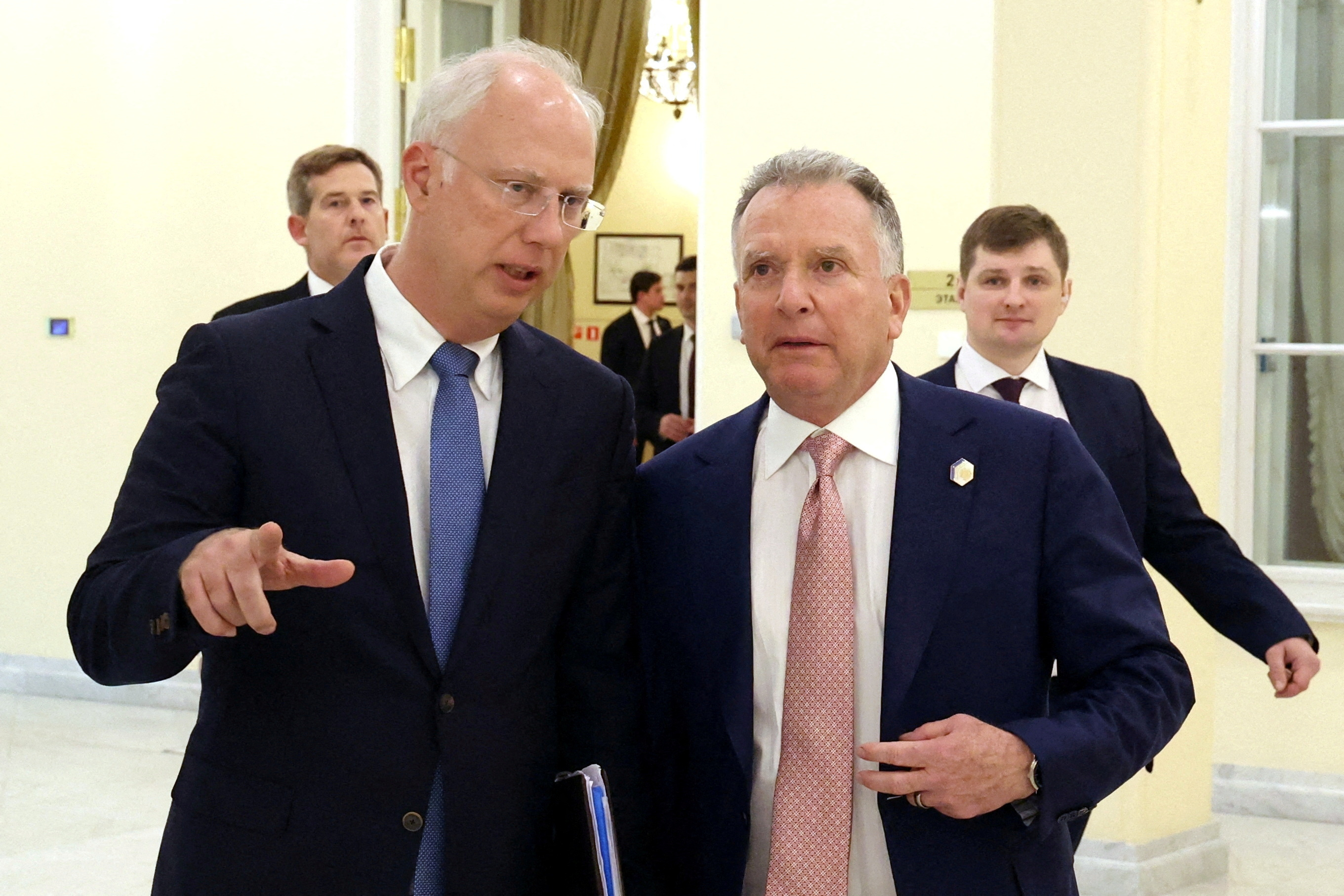 Head of the Russian Direct Investment Fund and Russian special presidential envoy for economic cooperation with foreign countries, Kirill Dmitriev, talks to U.S. President Donald Trump's special envoy Steve Witkoff