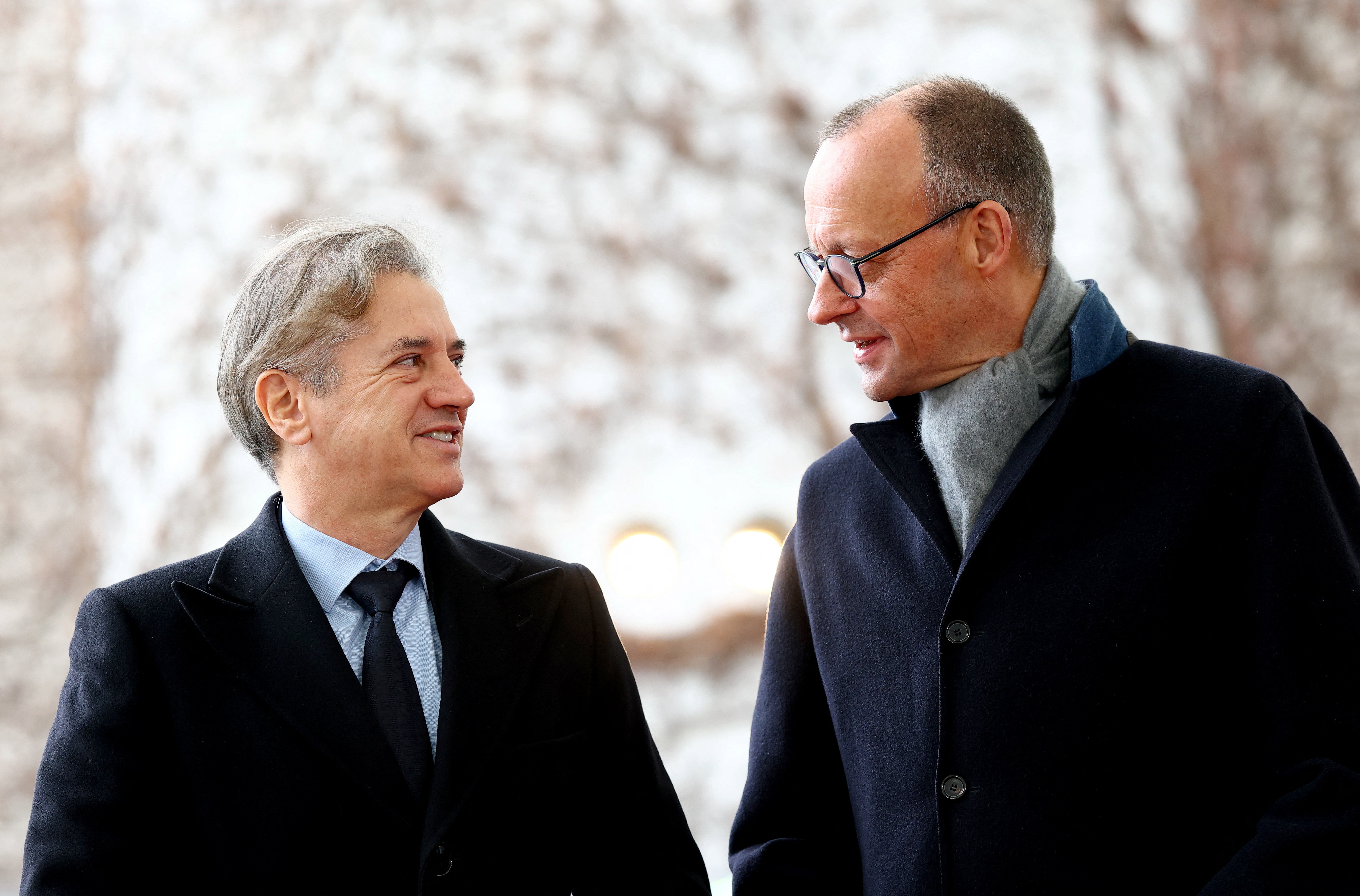 German Chancellor Friedrich Merz welcomes Slovenia's Prime Minister Robert Golob at the Chancellery in Berlin, Germany, November 28, 2025.