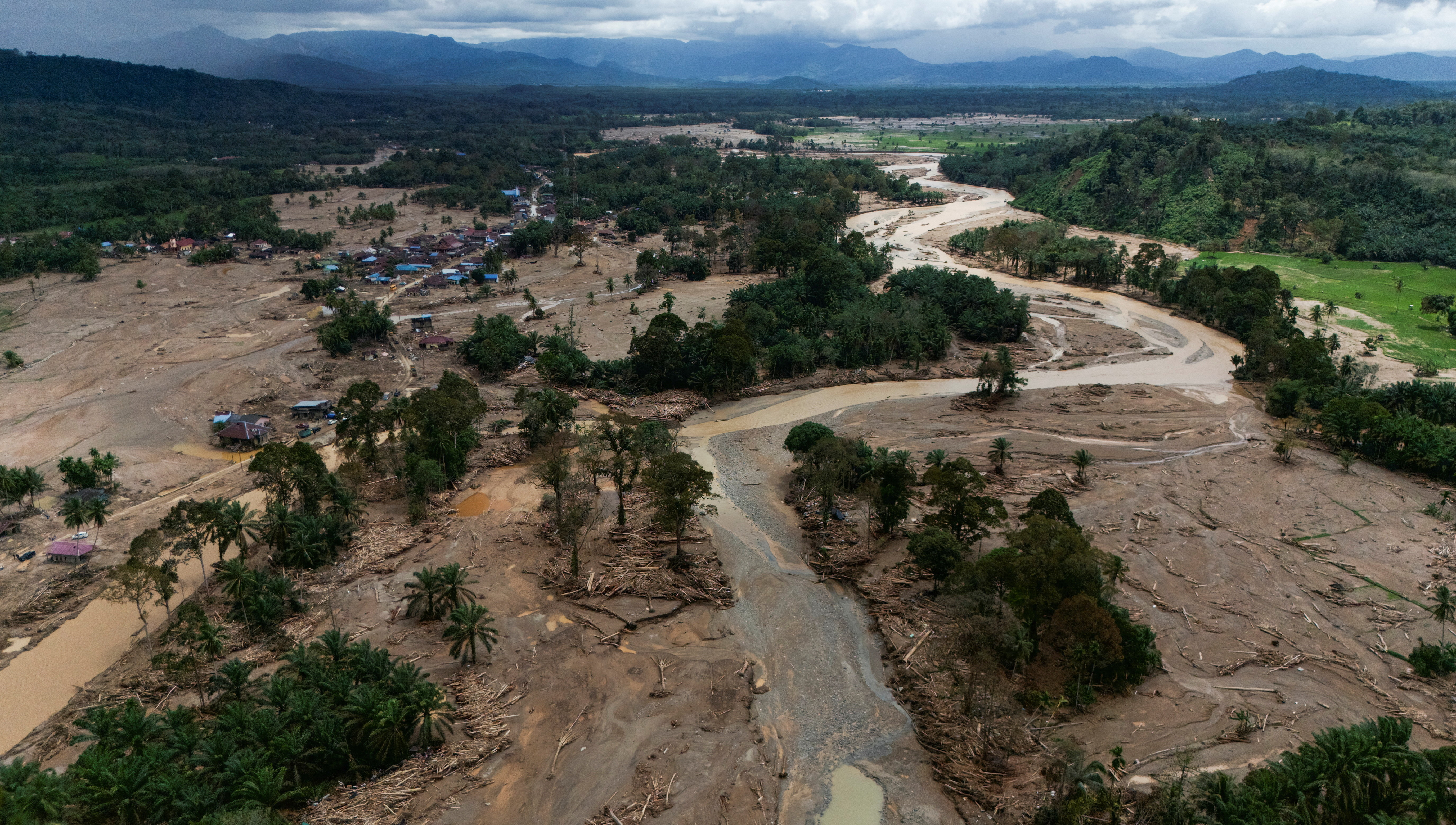 A drone view shows devastated area following deadly flash flood in Batang Toru, South Tapanuli, North Sumatra province, Indonesia, December 7, 2025.