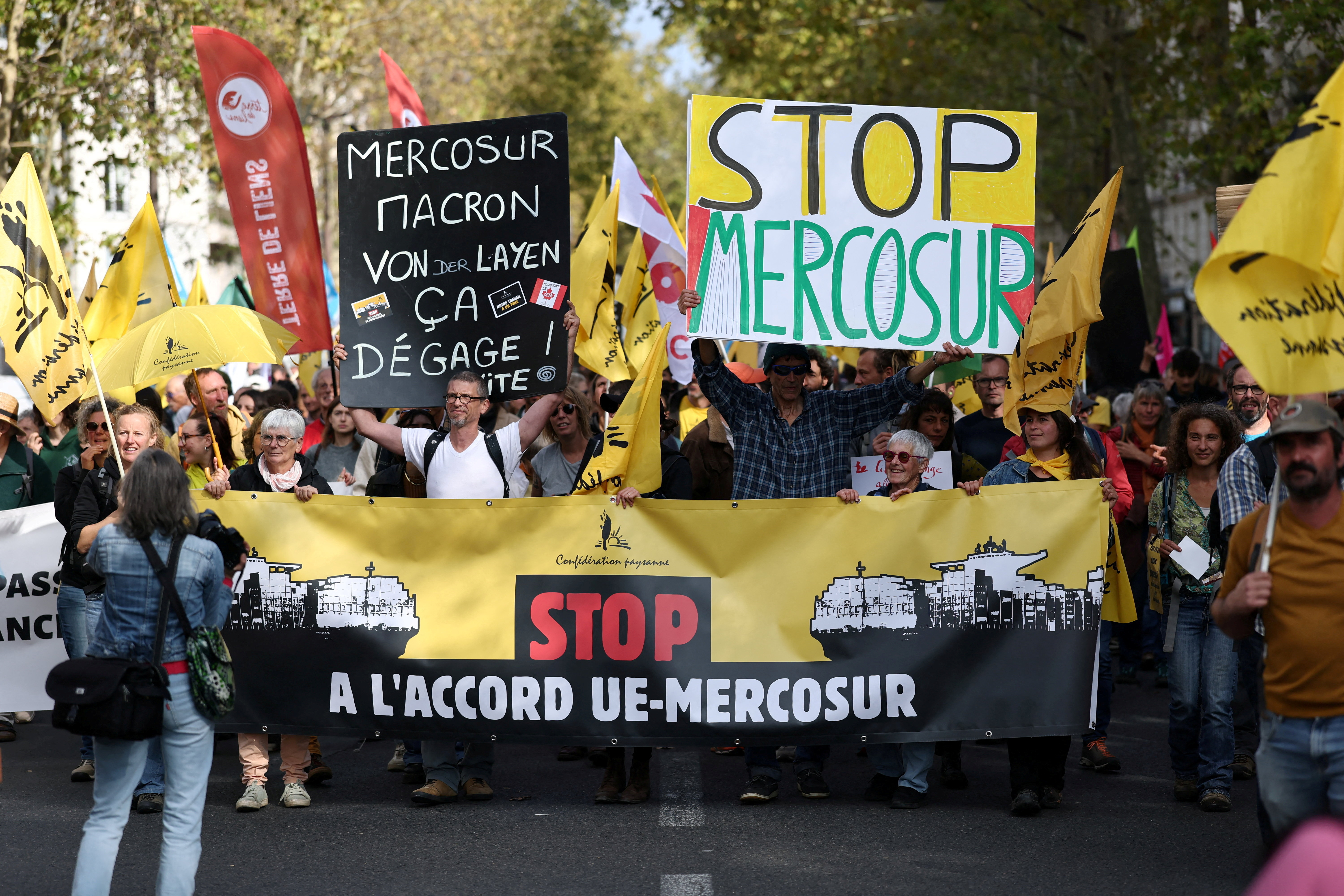 People attend a demonstration called by the French farmers and the Confederation paysanne to protest against the EU-Mercosur free-trade deal between the European Union and the South American countries