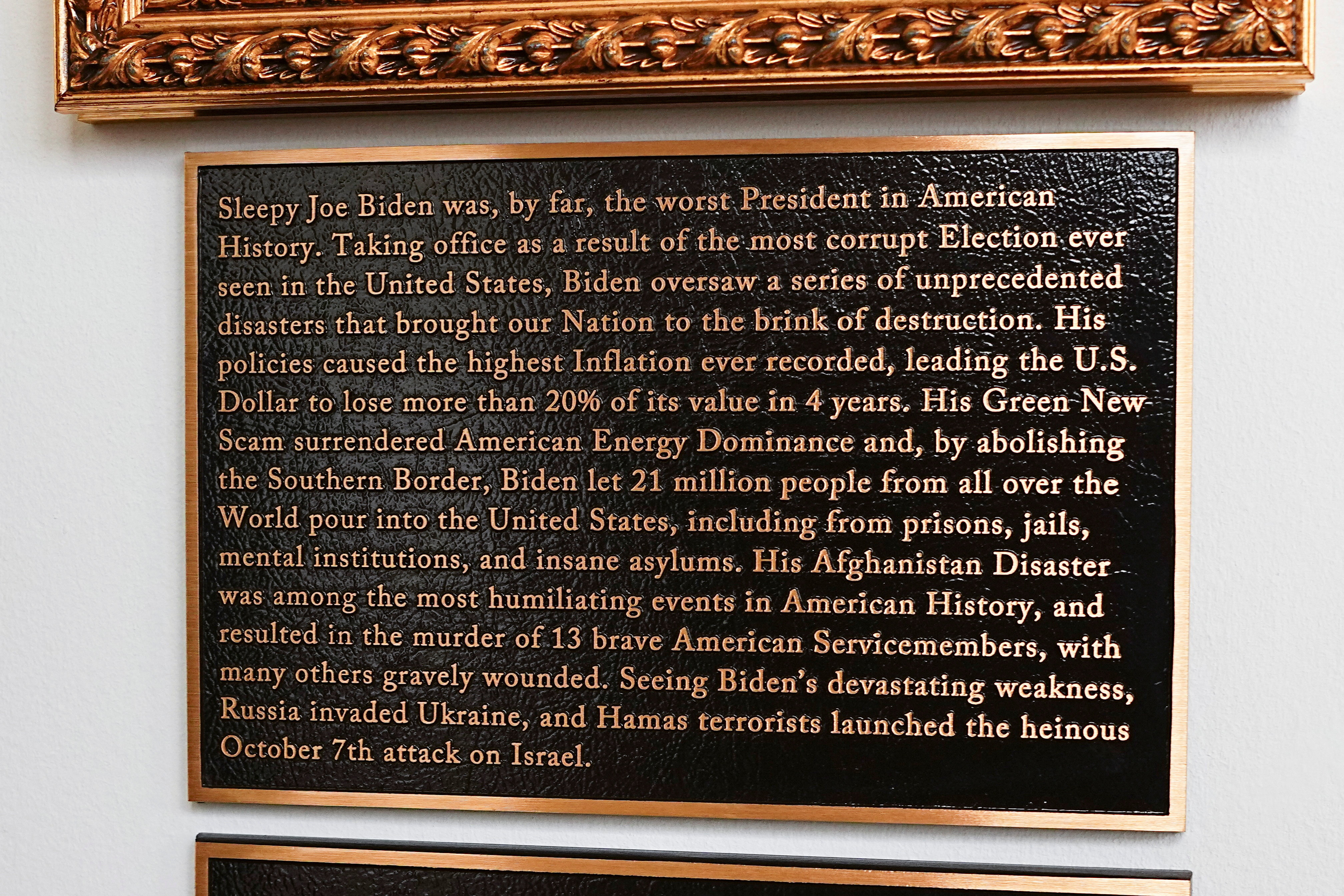 A plaque dedicated to former U.S. President Joe Biden at the "Presidential Walk of Fame" at the White House, in Washington, D.C., U.S., December 17, 2025. REUTERS/Aaron Schwartz
