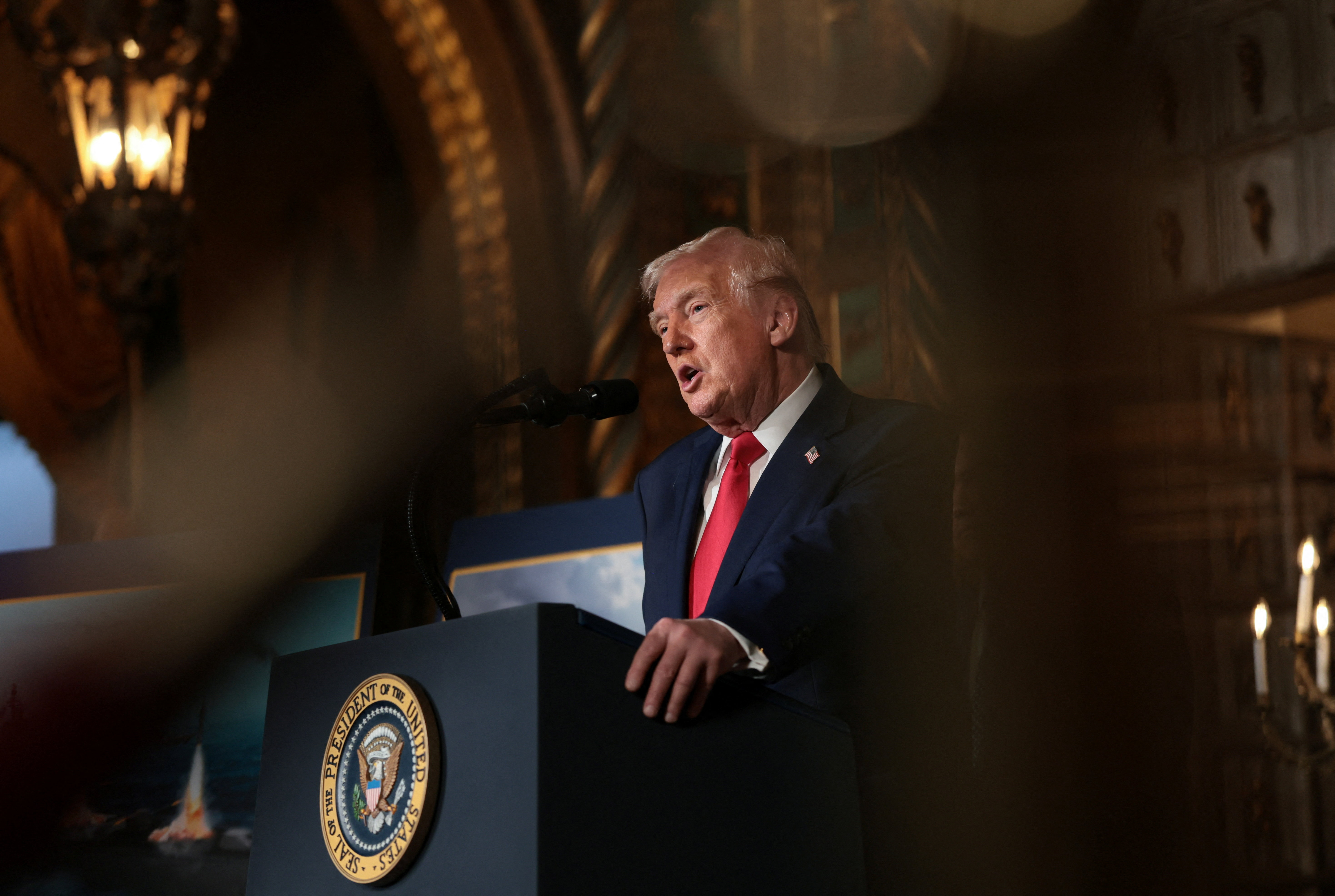 U.S. President Donald Trump attends a press conference, as he makes an announcement about the Navy's "Golden Fleet" at Mar-a-lago in Palm Beach, Florida, U.S., December 22, 2025.