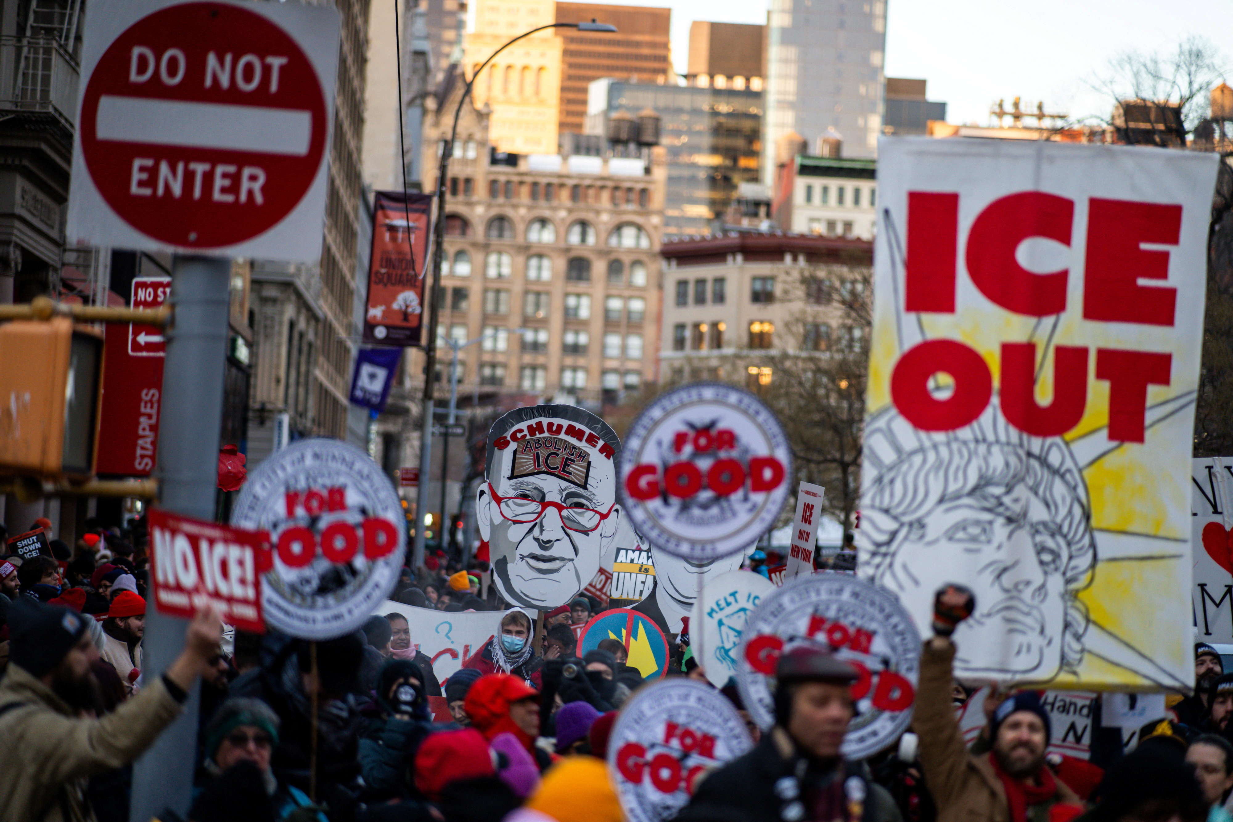 People take part in a protest in solidarity with Minneapolis and against U.S. President Donald Trump and U.S. Immigration and Customs Enforcement (ICE), in New York City, U.S., January 23, 2026. REUTERS/Eduardo Munoz
