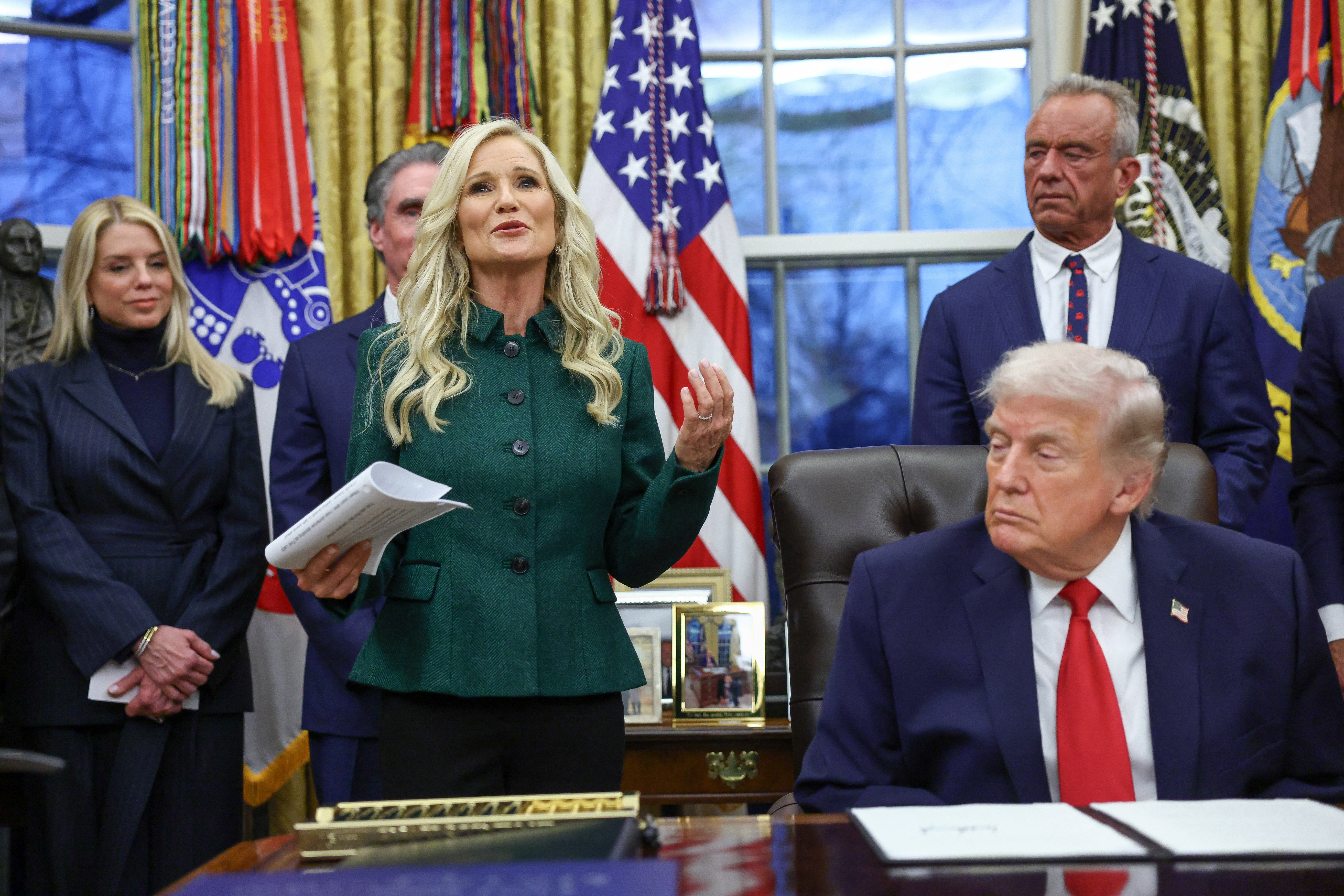 Kathryn Burgum, wife of U.S. Secretary of the Interior Doug Burgum, speaks after U.S. President Donald Trump signed an executive order for the "Great American Recovery Initiative"