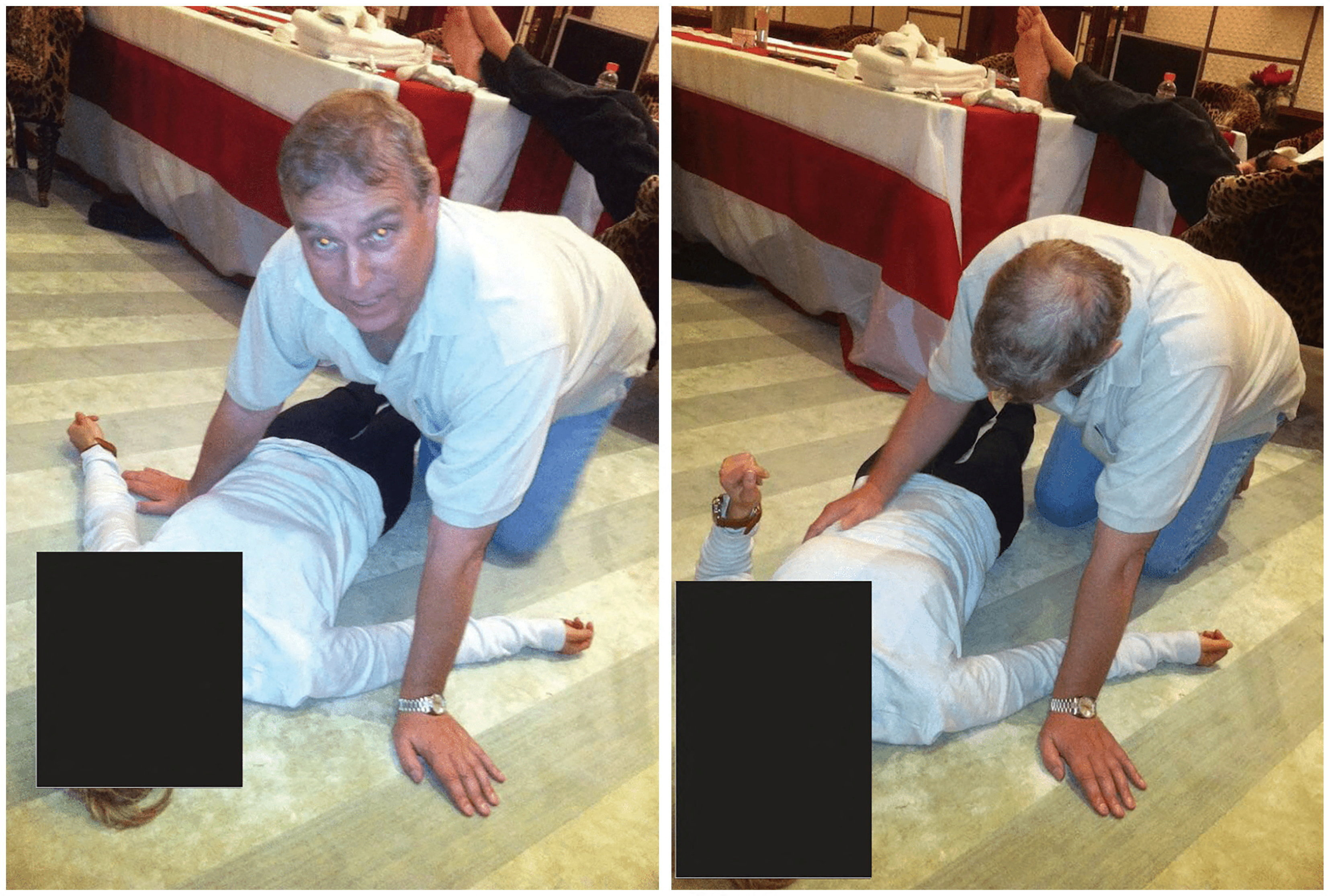 Britain's Prince Andrew kneels over a female in a combination of images released by the Department of Justice in Washington, D.C.