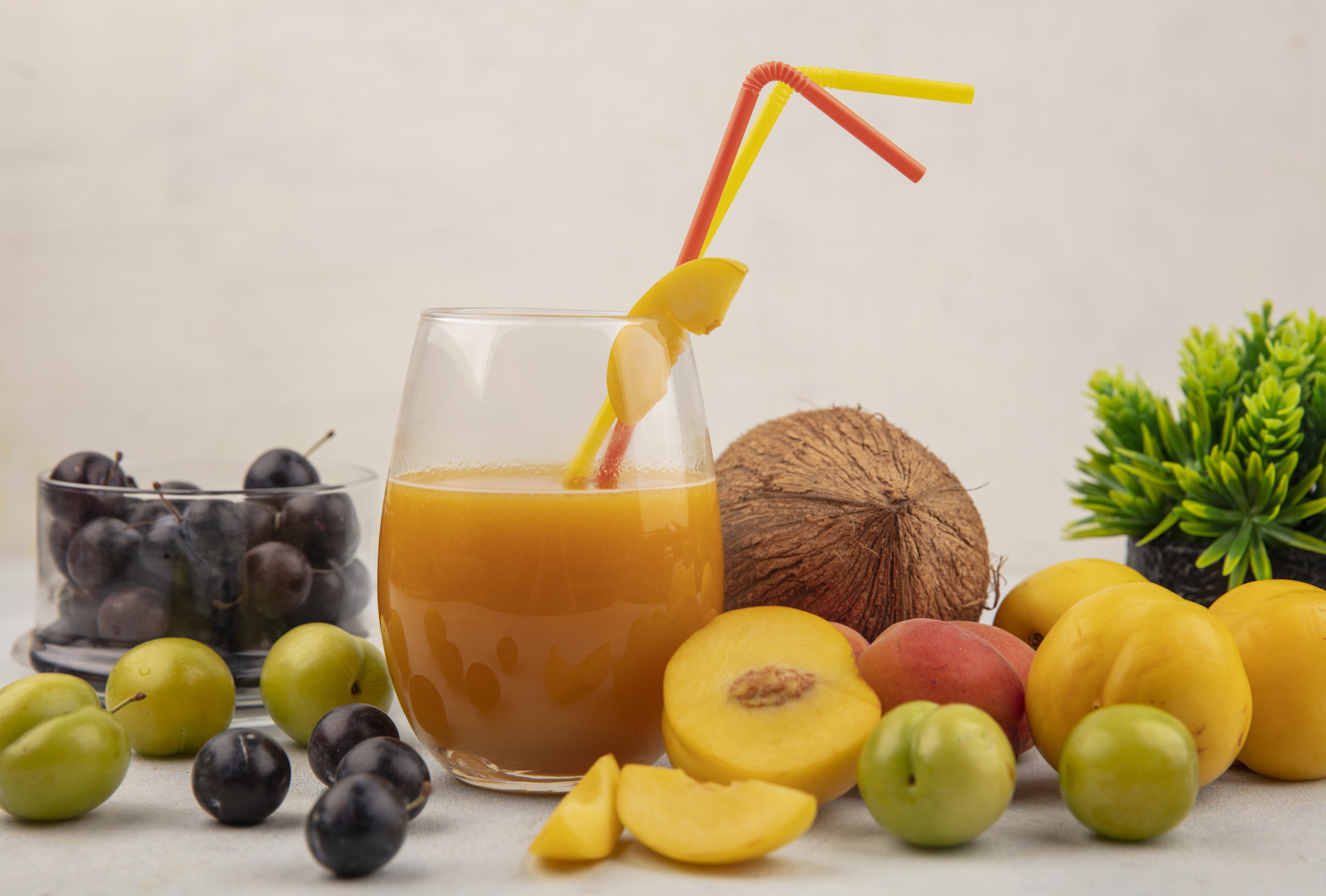 side view of healthyfresh and colorful fruits such as sloes on a glass bowlpeachescoconut with fresh peach juice on a glass on a white background