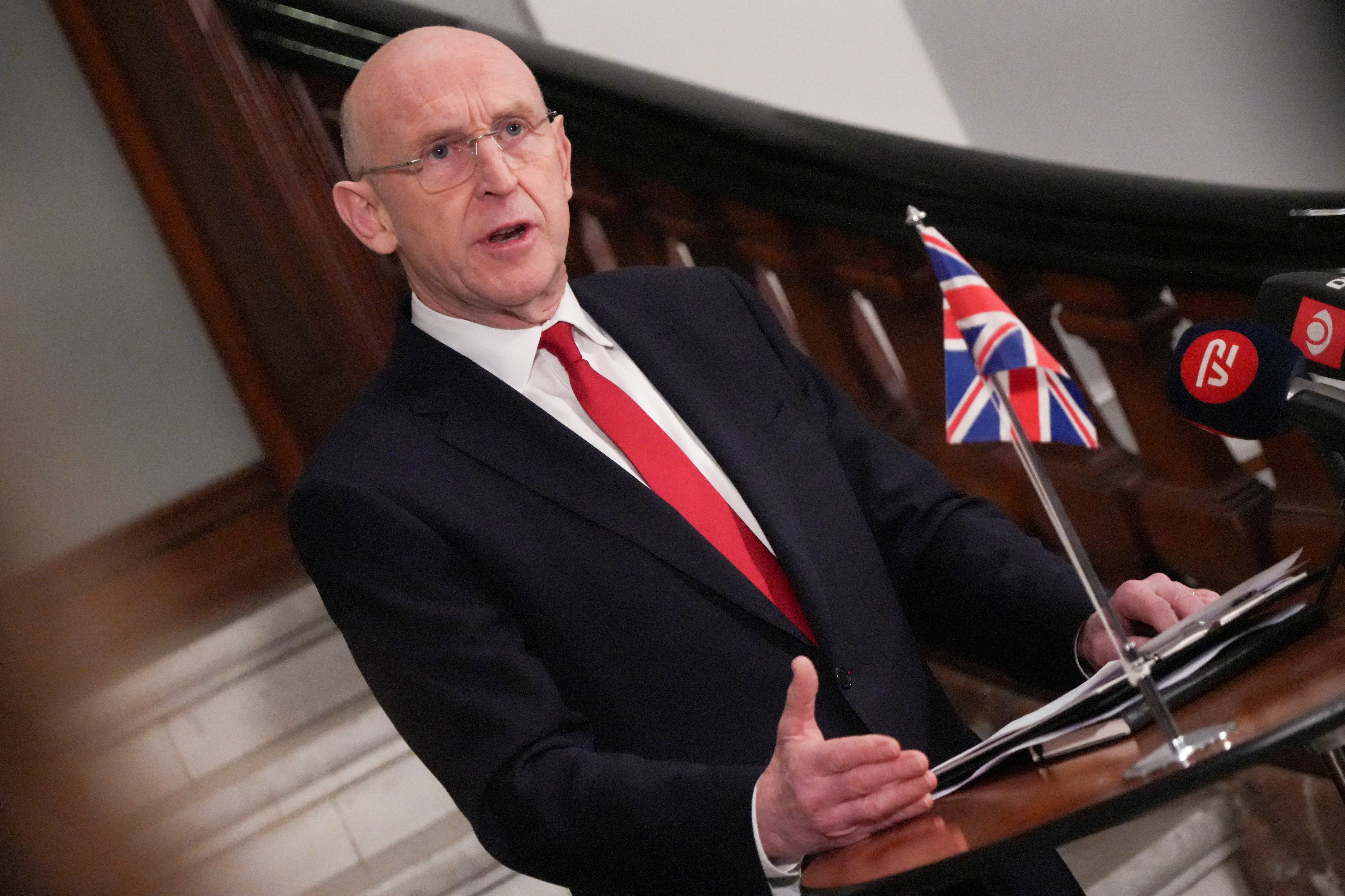 British Defence Secretary John Healey talks to the media in Copenhagen, Denmark, January 21, 2026. REUTERS/Tom Little