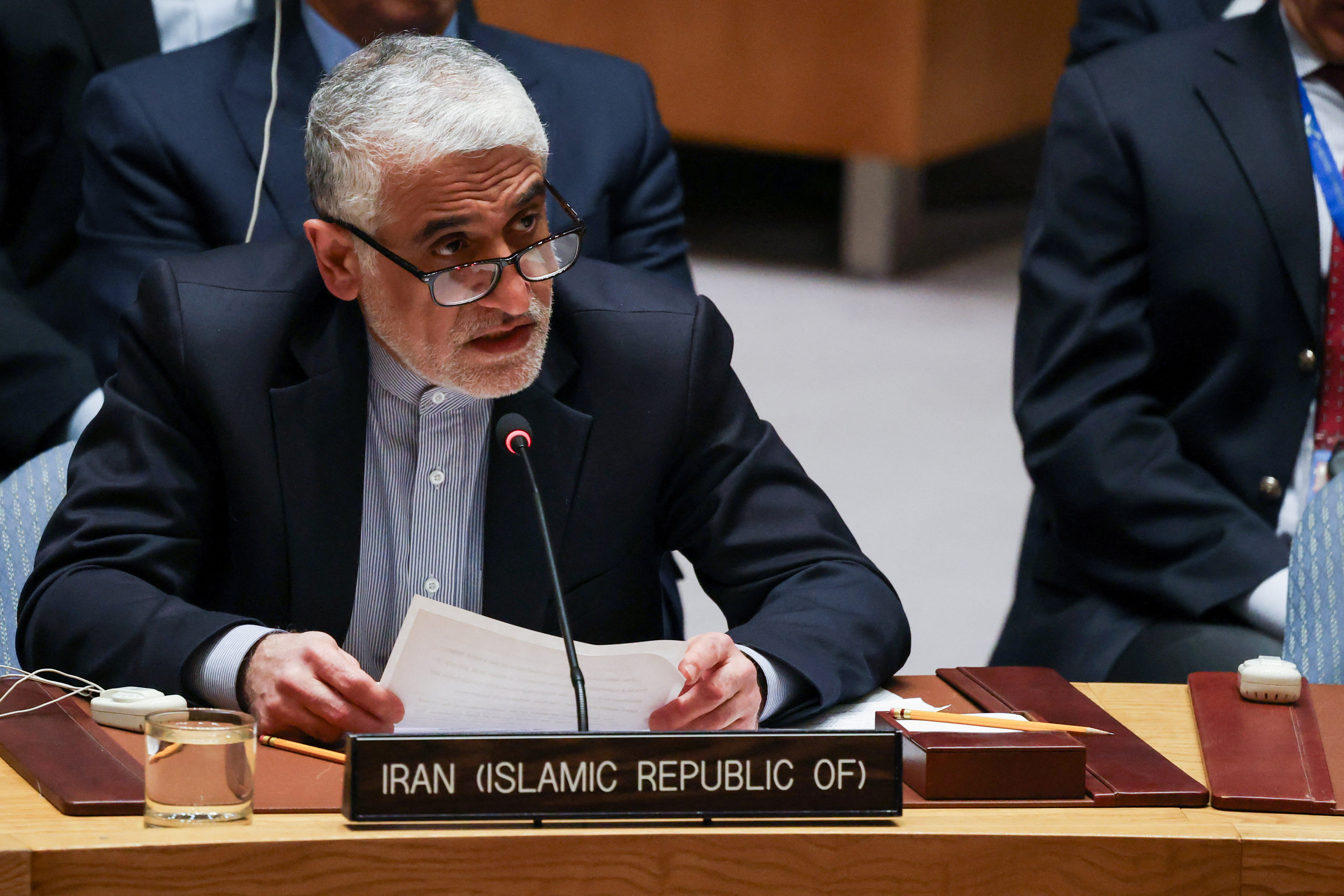 Iran's Ambassador to the United Nations, Amir-Saeid Iravani attends a United Nations Security Council meeting, after the U.S. and Israel launched strikes on Iran, at U.N. headquarters in New York City, U.S. February 28, 2026.  REUTERS/Heather Khalifa
