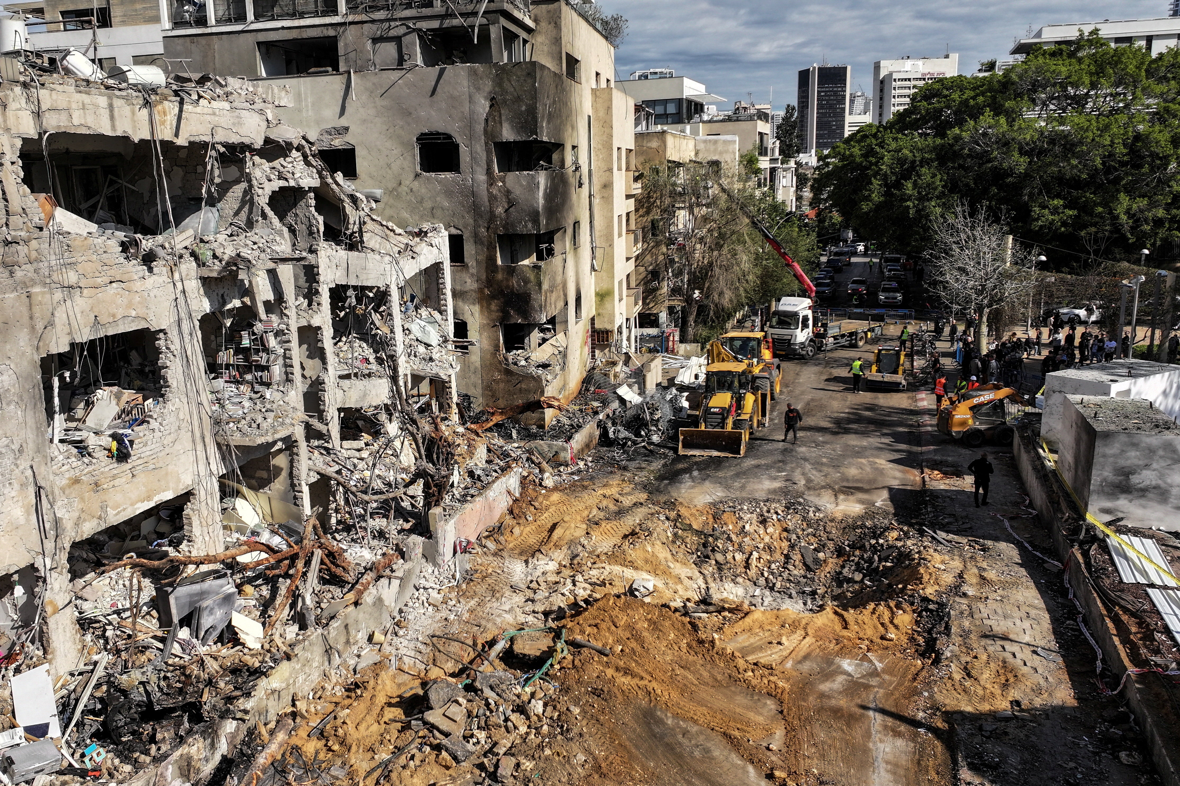 A drone view of the site of an Iranian missile strike on a residential building, after Iran launched missile barrages following attacks by the U.S. and Israel, in Tel Aviv