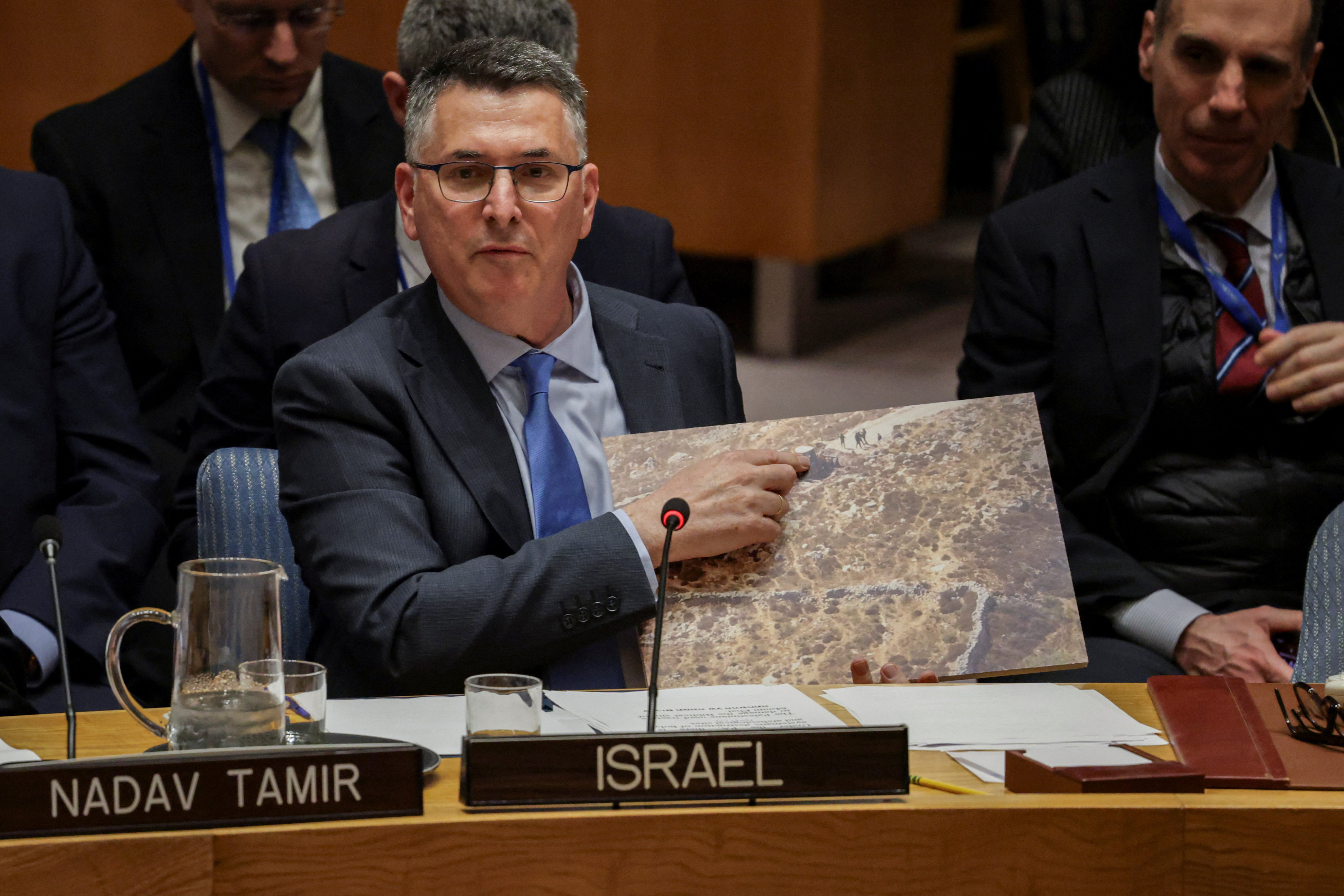 Israeli Foreign Minister Gideon Saar addresses the Security Council during the meeting on the situation in the Middle East, at U.N. headquarters in New York City, U.S.