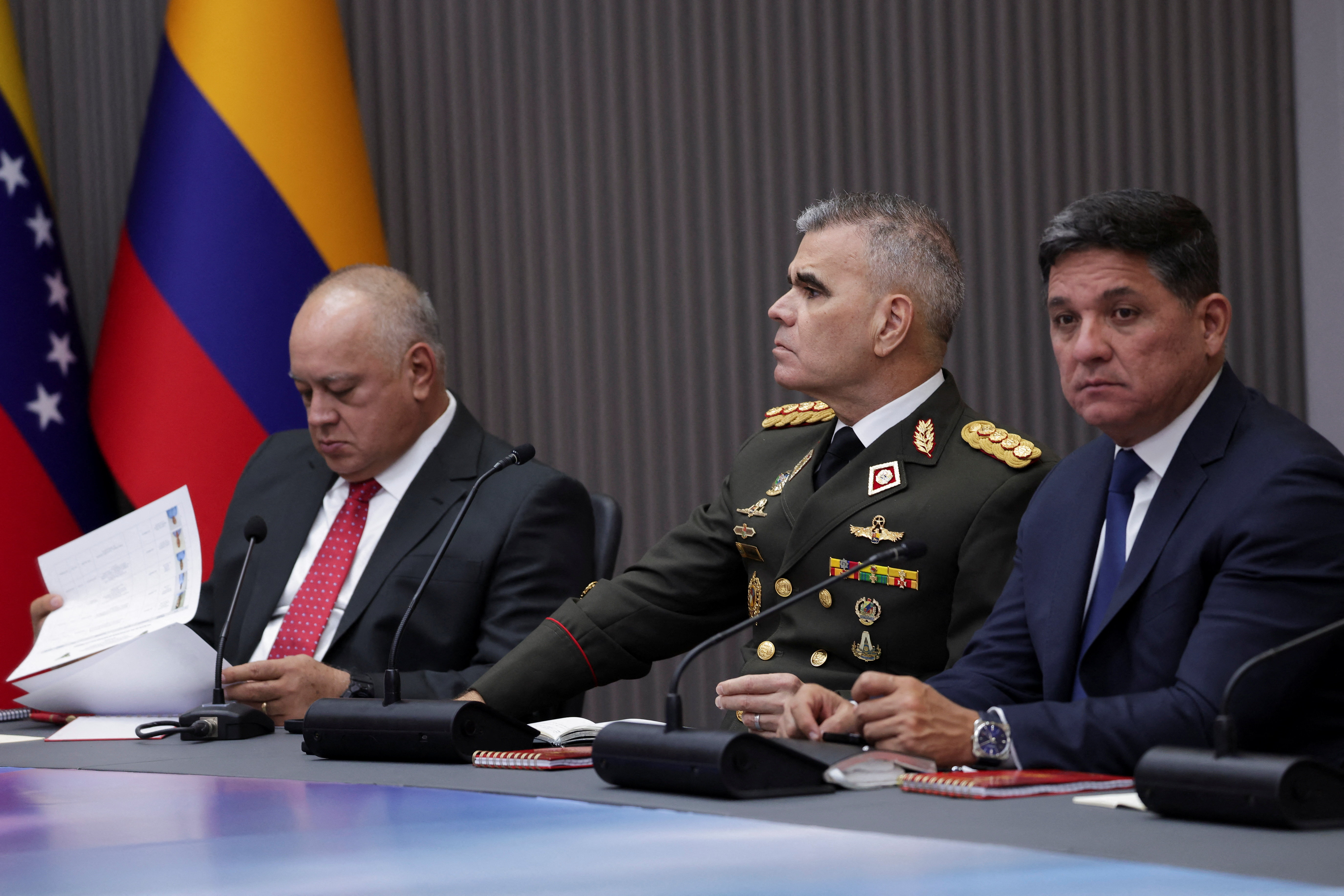 Venezuela's Interior Minister Diosdado Cabello, Venezuela's Defence Minister Vladimir Padrino Lopez, and Venezuela's Minister for Energy and Electricity Jorge Elieser Marquez
