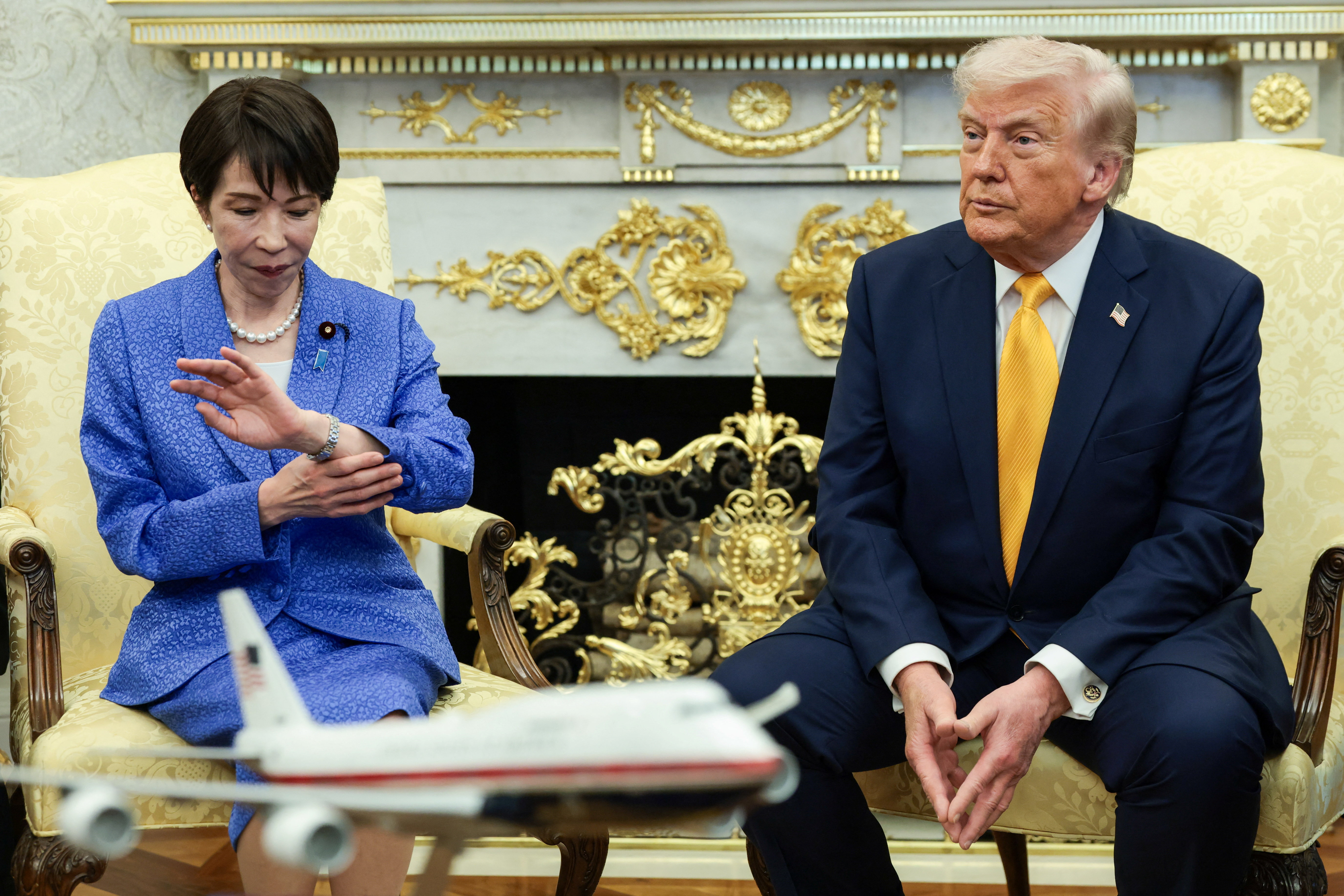 Japanese Prime Minister Sanae Takaichi, U.S. President Donald Trump. REUTERS/Evelyn Hockstein
