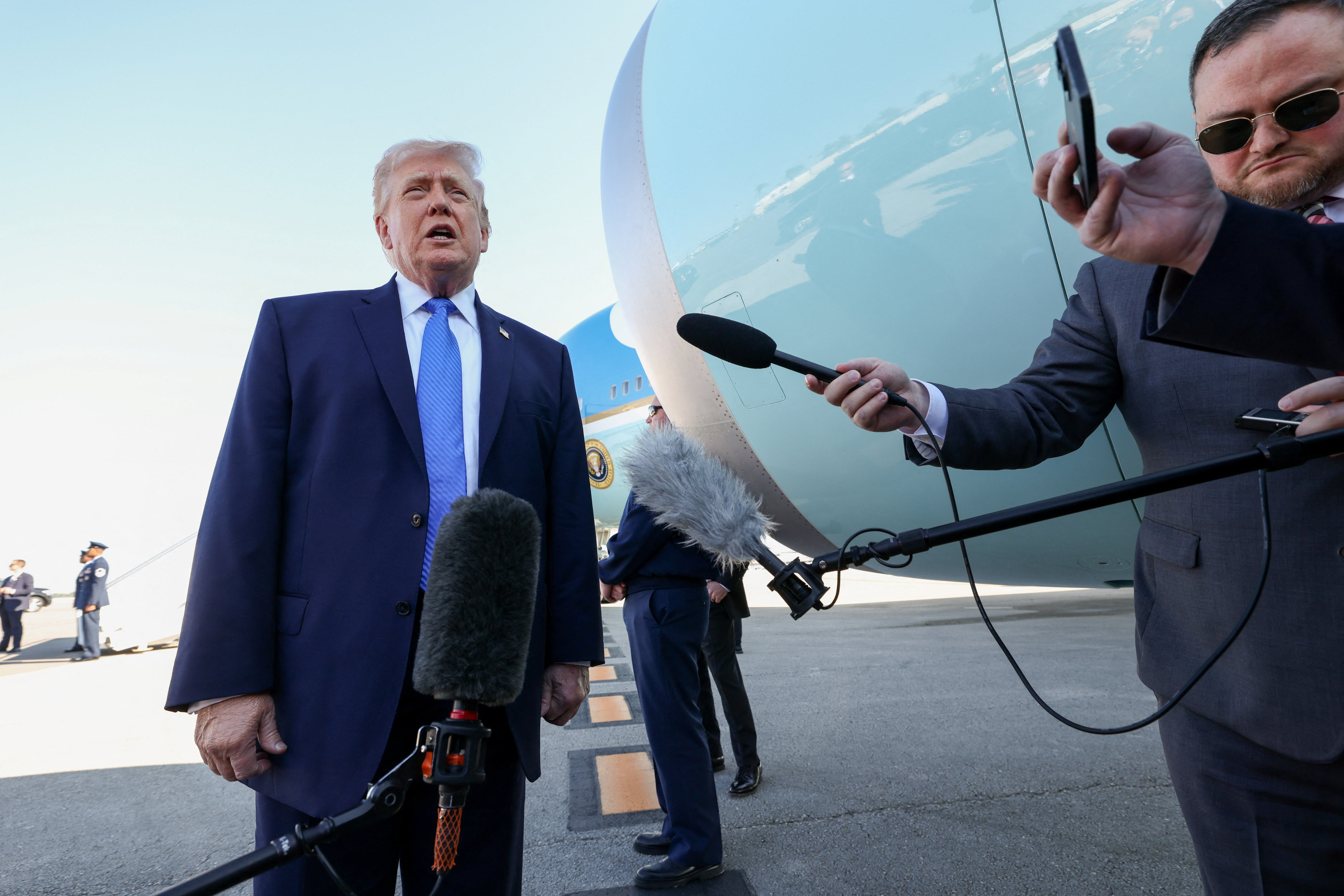 U.S. President Donald Trump speaks to the media. REUTERS/Kevin Lamarque