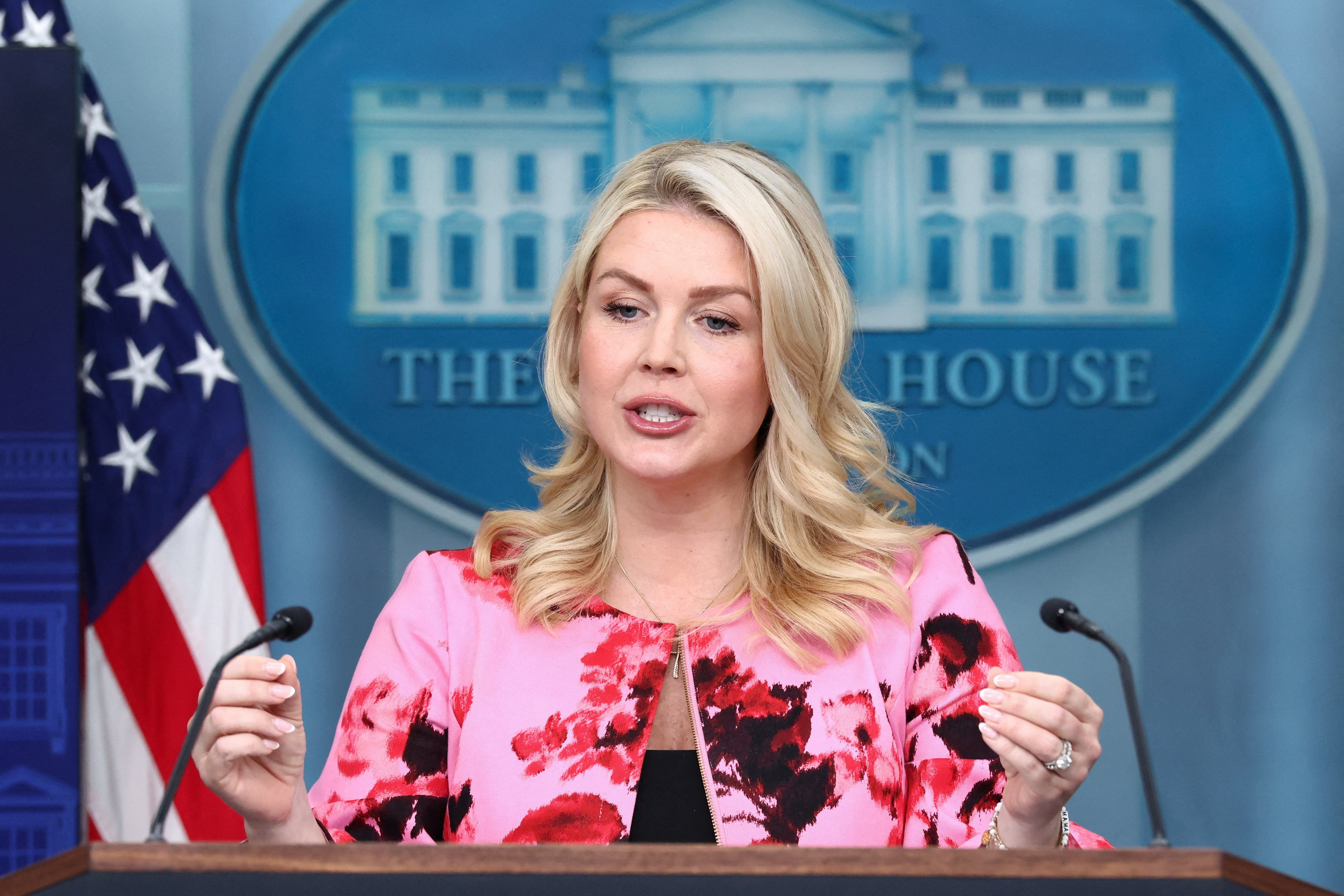 White House Press Secretary Karoline Leavitt holds a press briefing in the James S. Brady Press Briefing Room at the White House in Washington, D.C., U.S., March 30, 2026. REUTERS/Kevin Lamarque