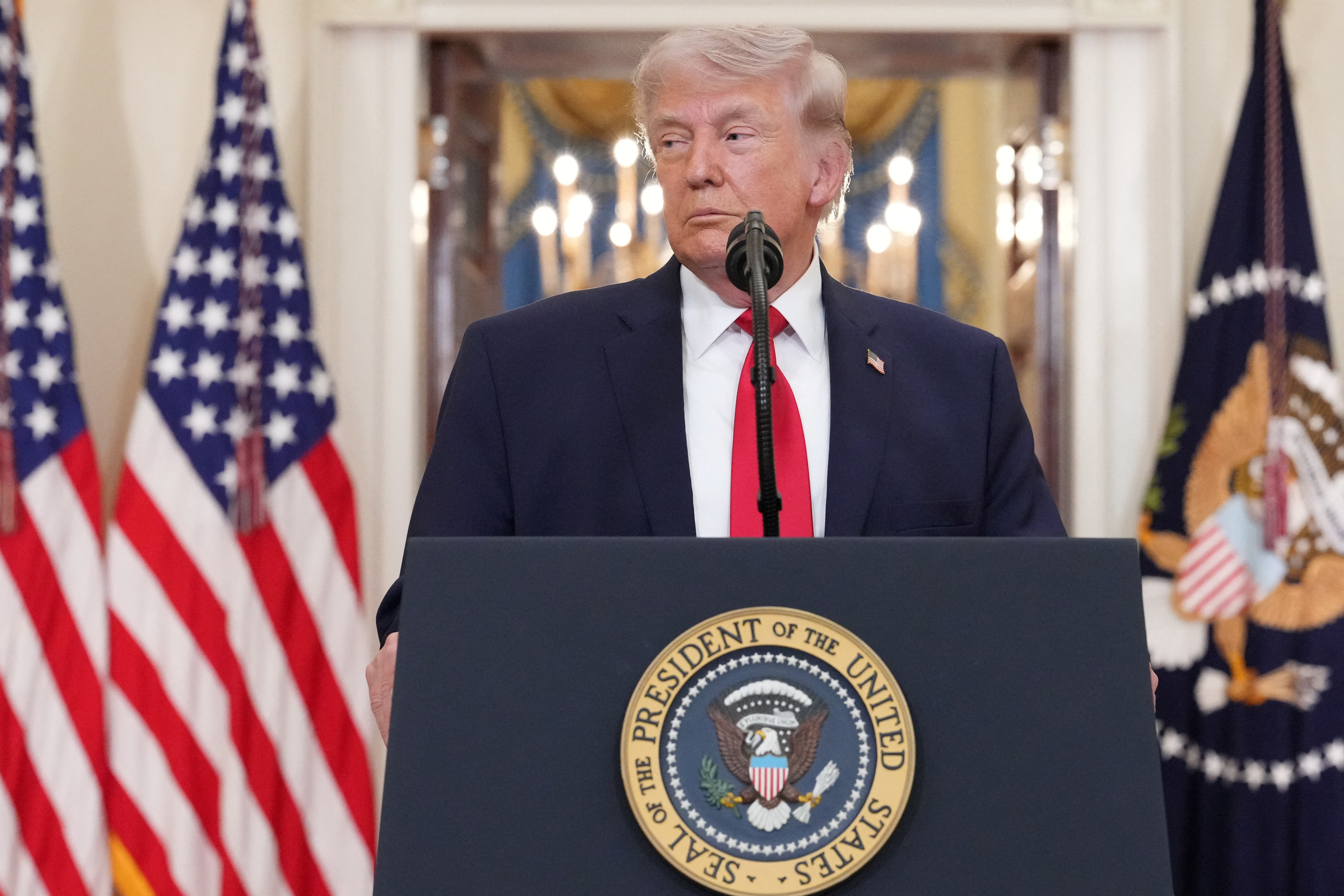 U.S. President Donald Trump delivers an address to the nation about the Iran war at the White House in Washington, D.C., U.S. April 1, 2026. Alex Brandon/Pool via REUTERS
