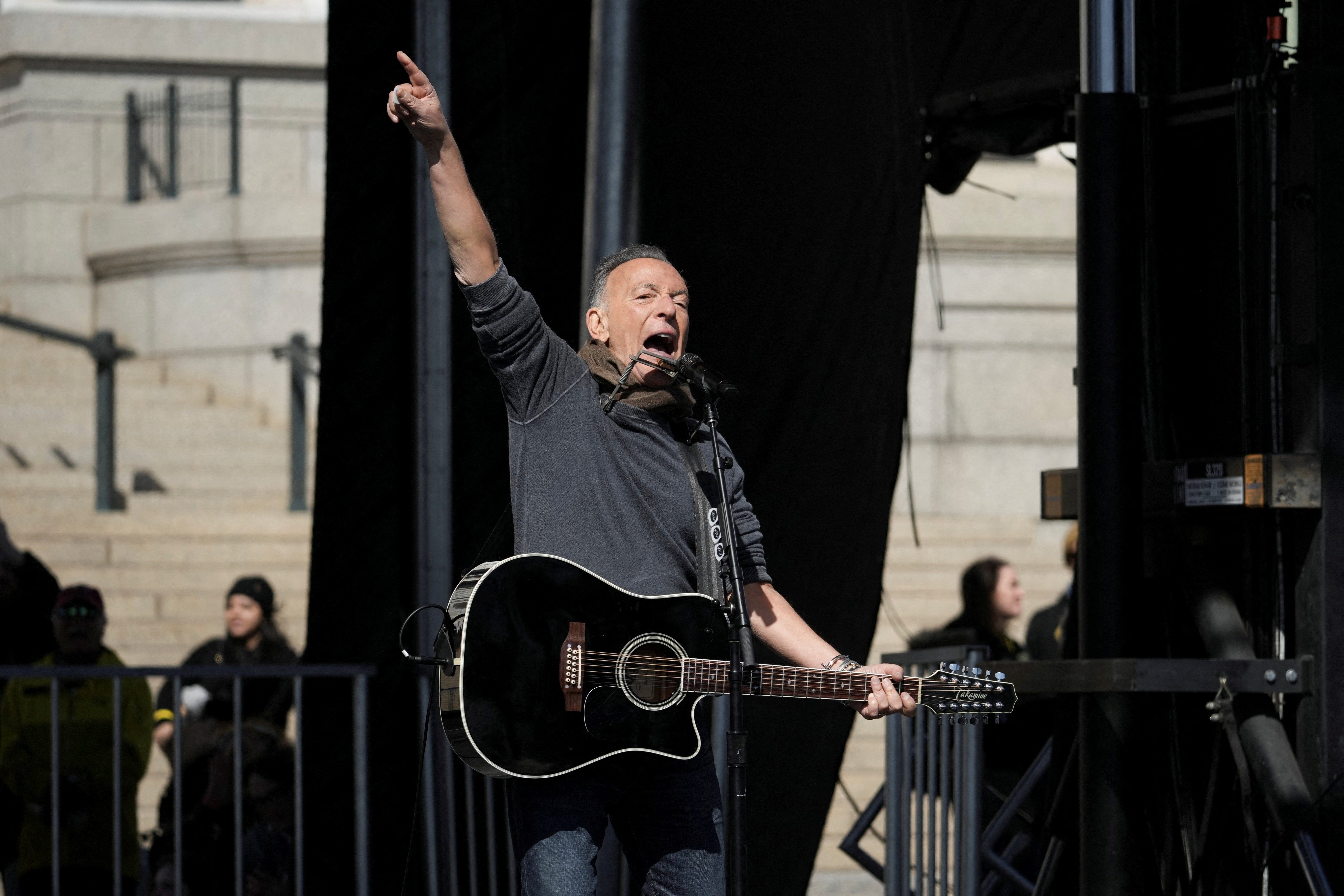Bruce Springsteen performs during a "No Kings" protest against U.S. President Donald Trump's administration policies, in St. Paul, Minnesota, March 28, 2026.