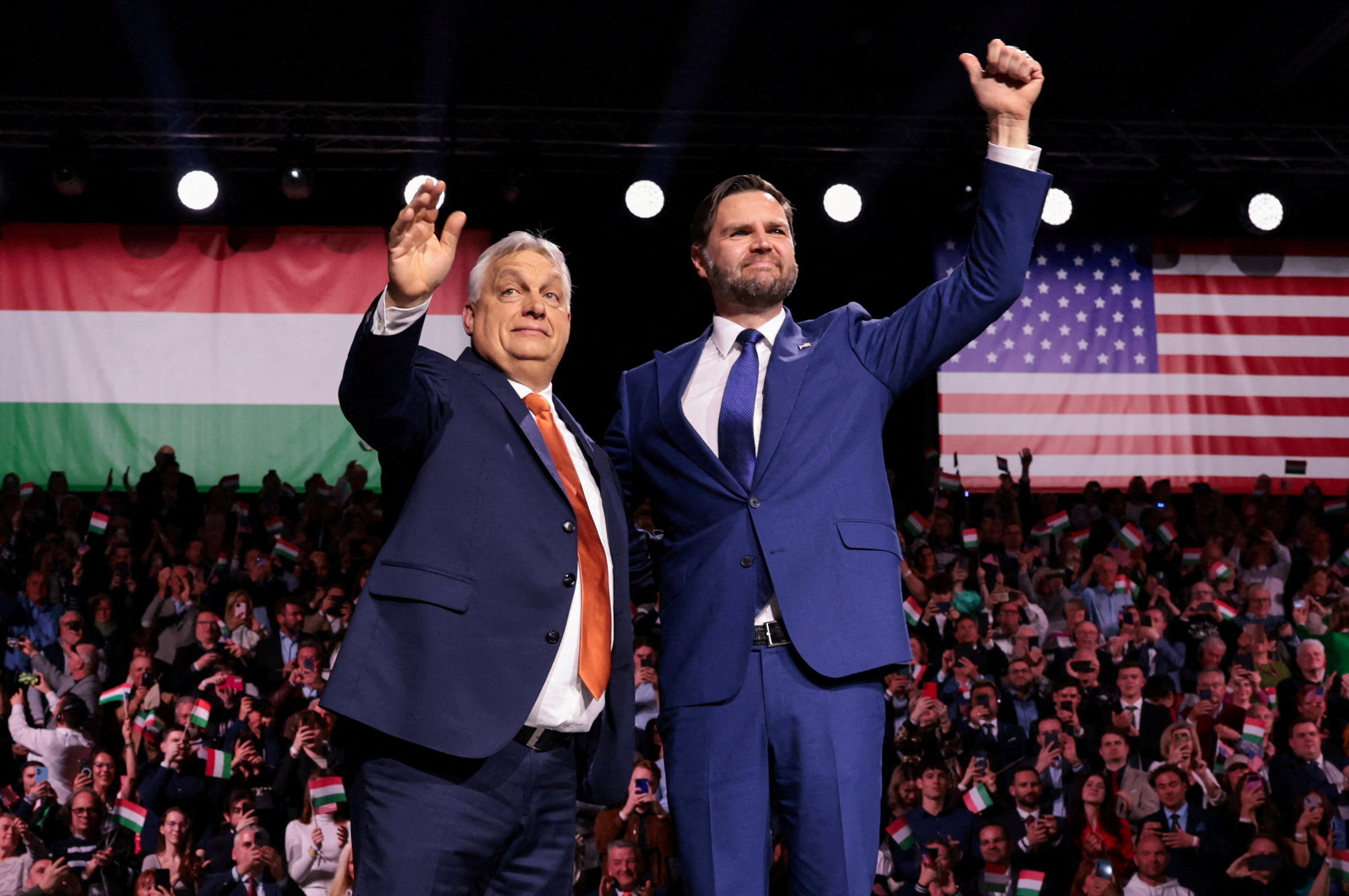 U.S. Vice President JD Vance and Hungarian Prime Minister Viktor Orban appear on stage together during Day of Friendship event at MTK Sportpark in Budapest, Hungary, April 7, 2026.