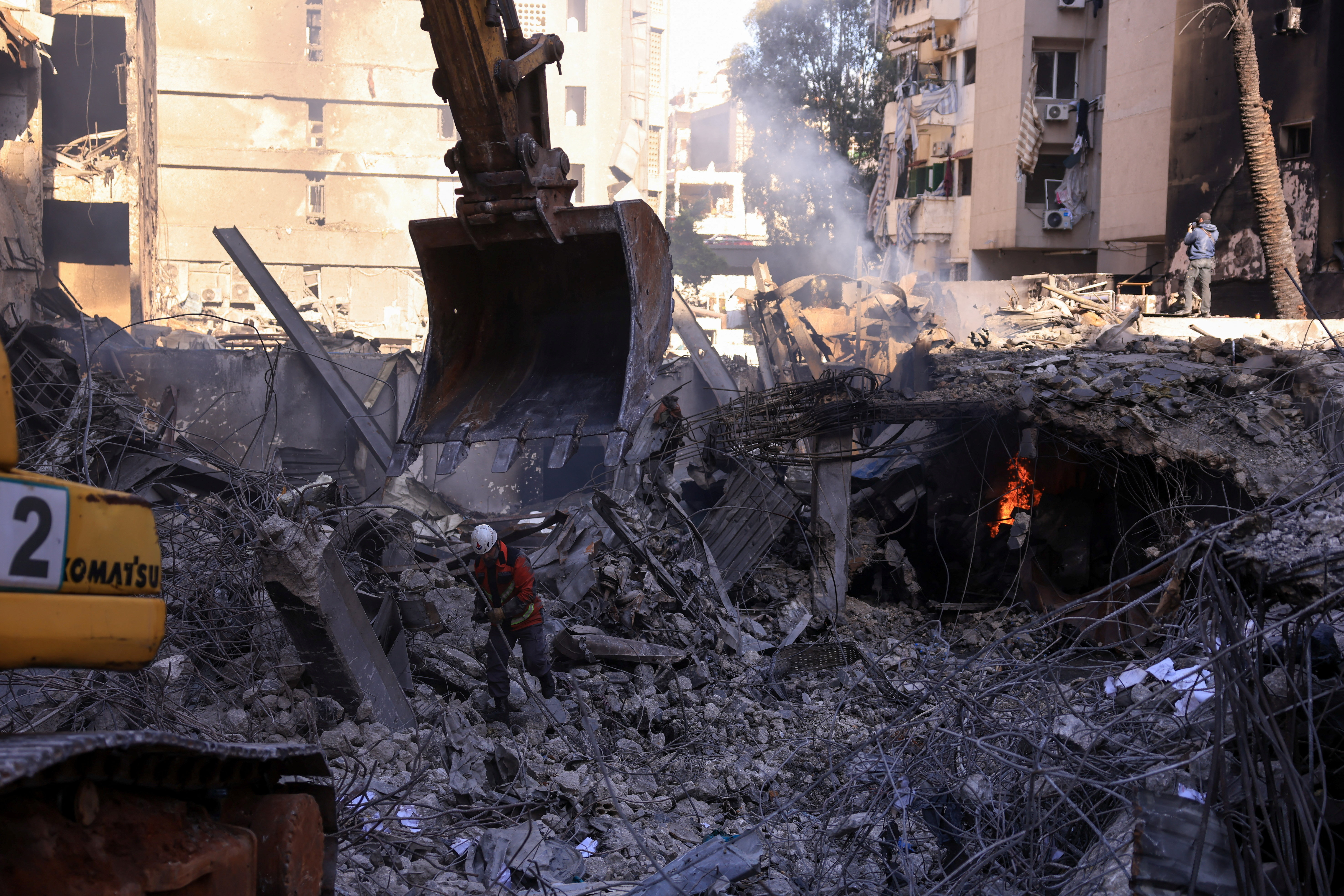 A man works as an excavator operates at the site of an Israeli strike carried out on Wednesday, in Al-Mazraa in Beirut, Lebanon, April 9, 2026. REUTERS/Raghed Waked