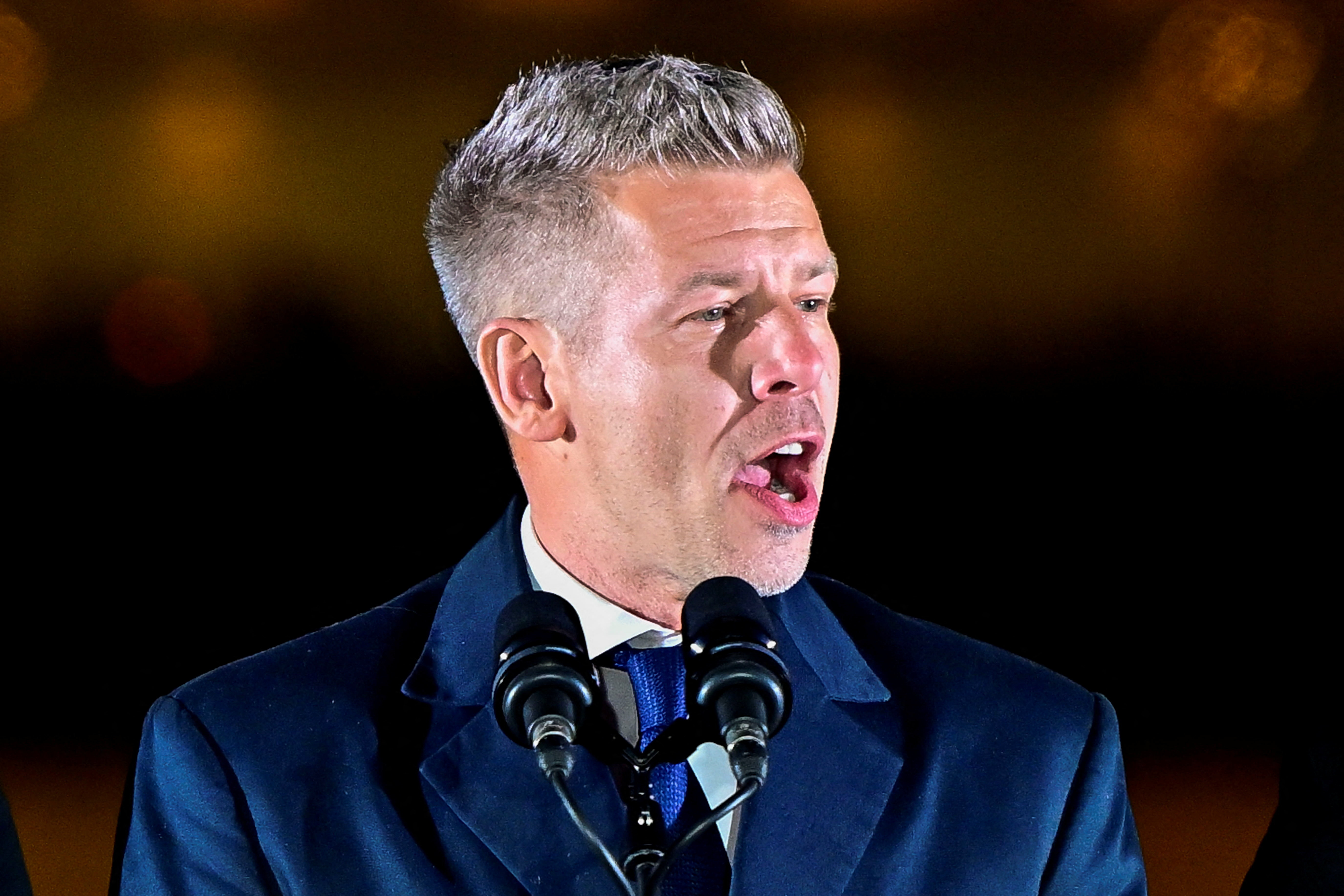 Peter Magyar, leader of the opposition Tisza party, speaks following the partial results of the parliamentary election, in Budapest, Hungary, April 12, 2026. REUTERS/Marton Monus