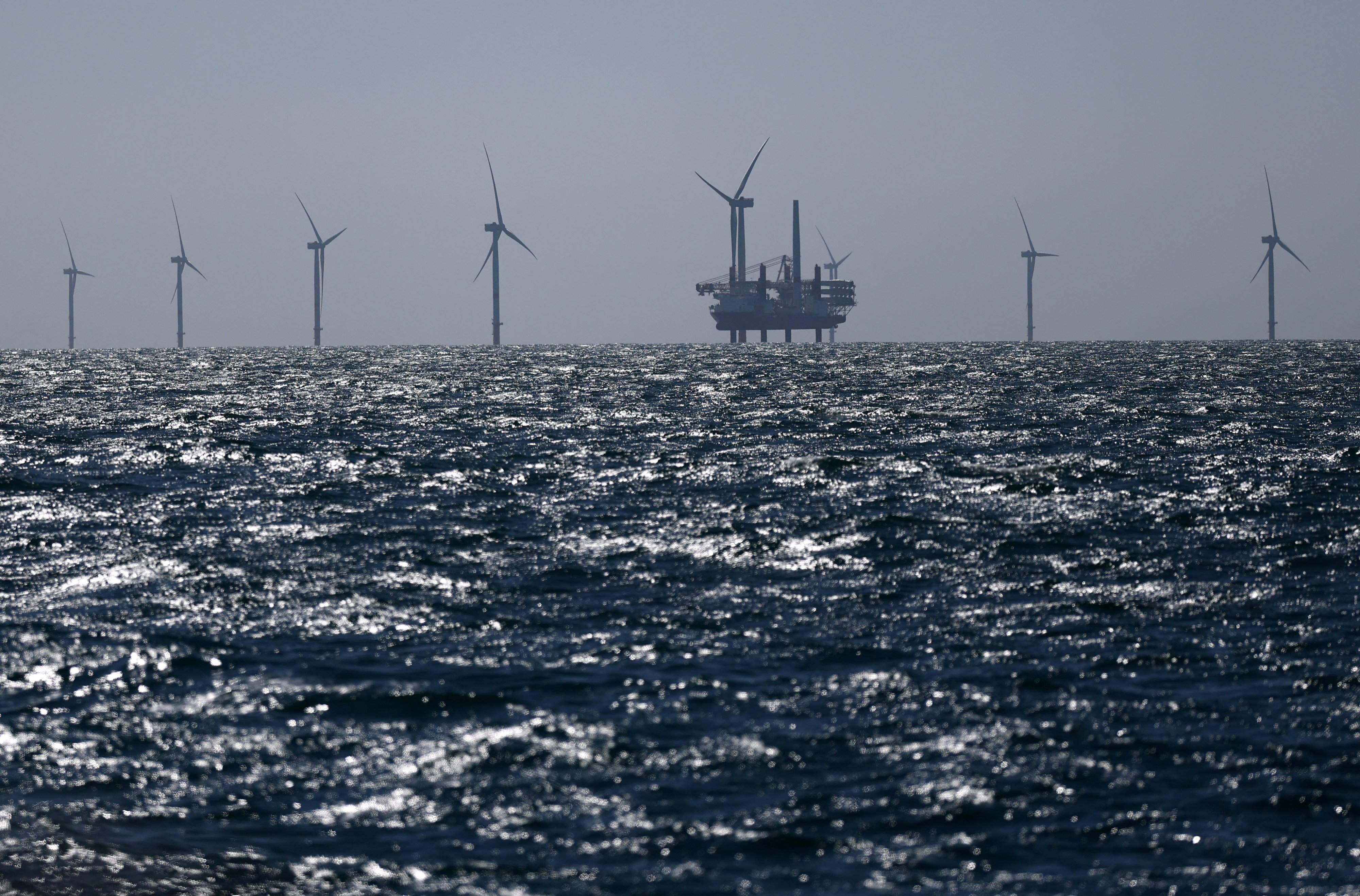 A view shows wind turbines at the offshore wind farm located in the Atlantic Ocean, off the coasts of the Yeu and Noirmoutier islands, western France, April 2, 2026.