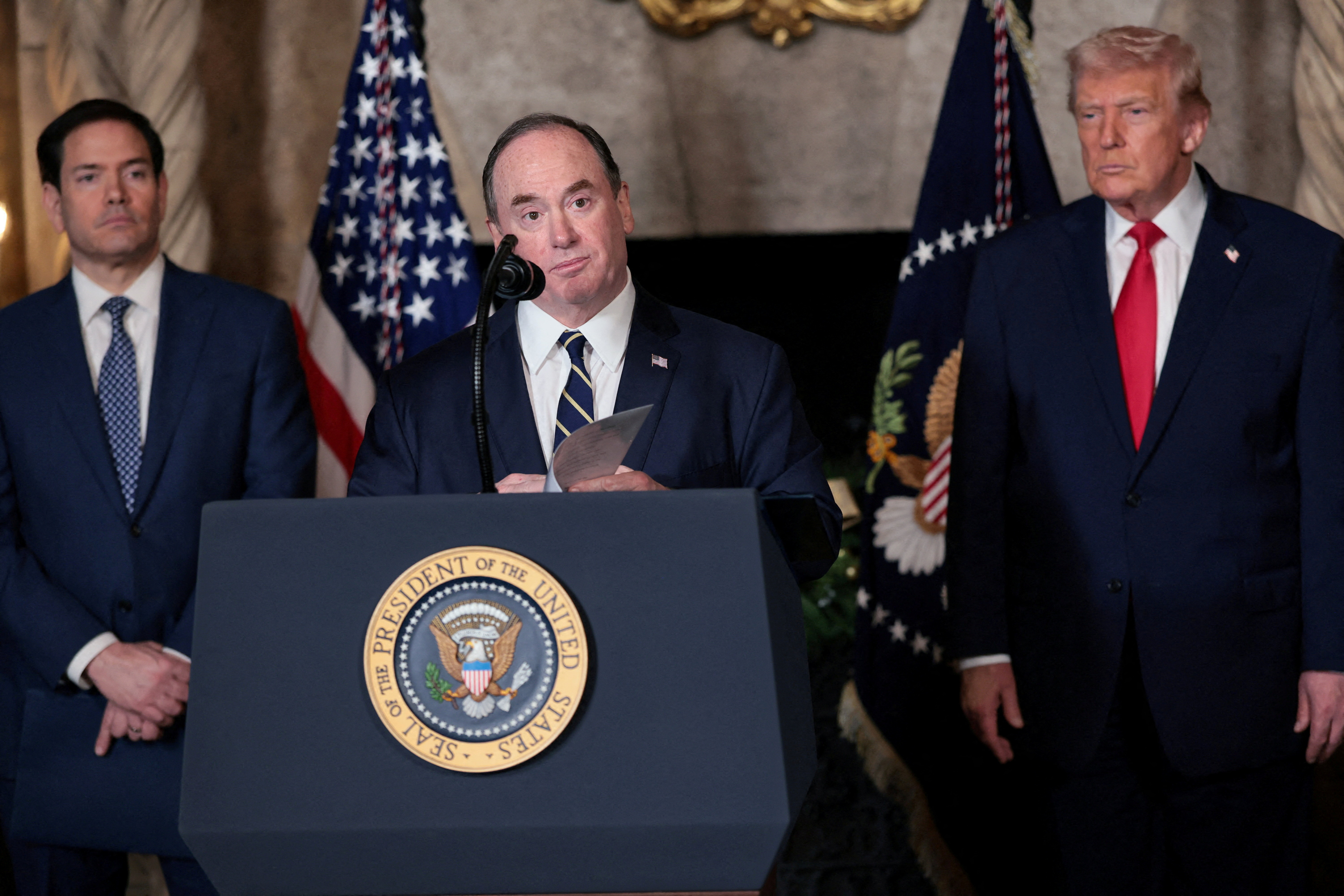 FILE PHOTO: U.S. Secretary of the Navy John Phelan speaks, after President Donald Trump announced the Navy's "Golden Fleet", at Mar-a-lago in Palm Beach, Florida, U.S., December 22, 2025.