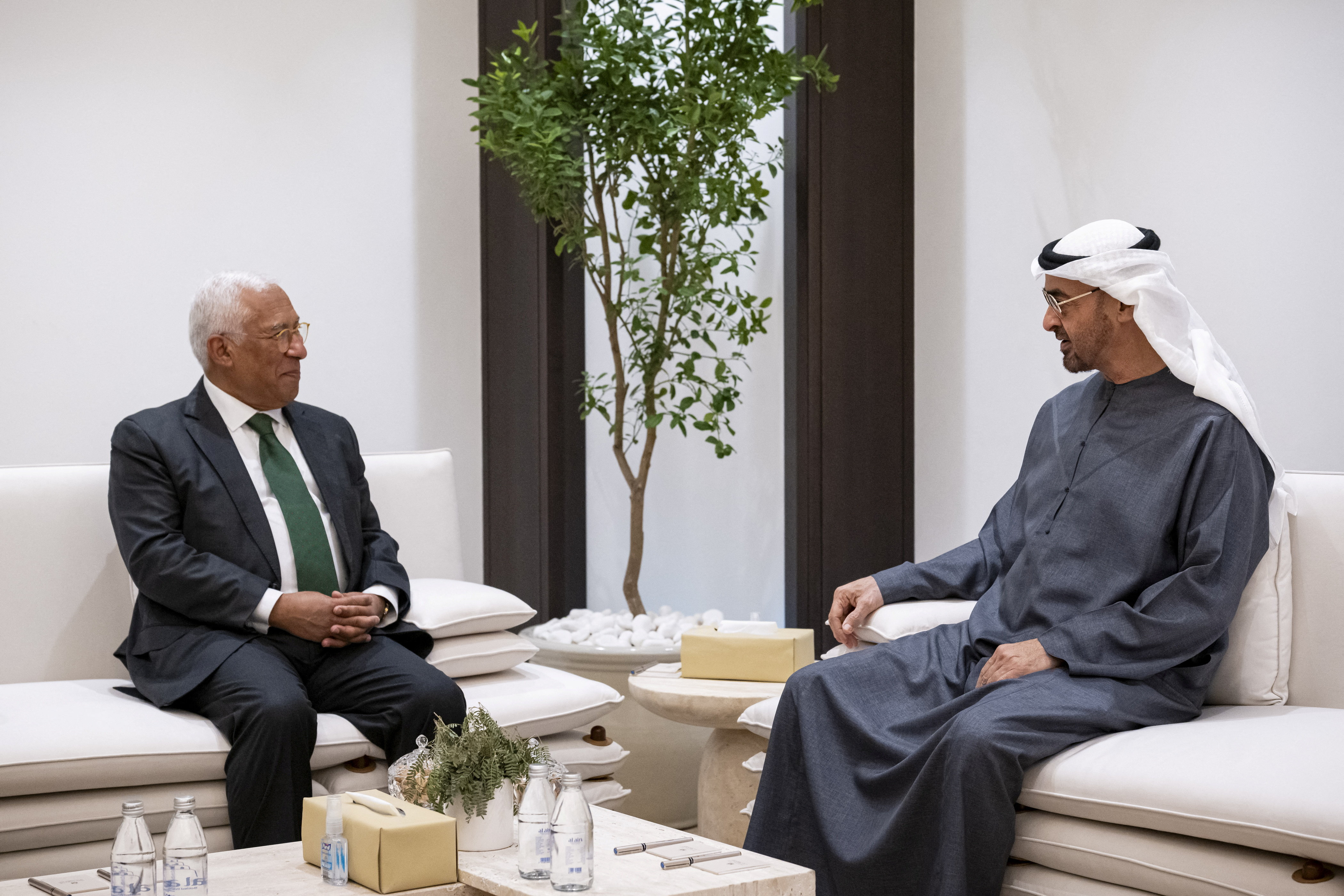 Antonio Costa, President of the European Council, meets with Sheikh Mohamed bin Zayed Al Nahyan, President of the United Arab Emirates, at an undisclosed location in this undated handout image obtained by Reuters on April 14, 2026.