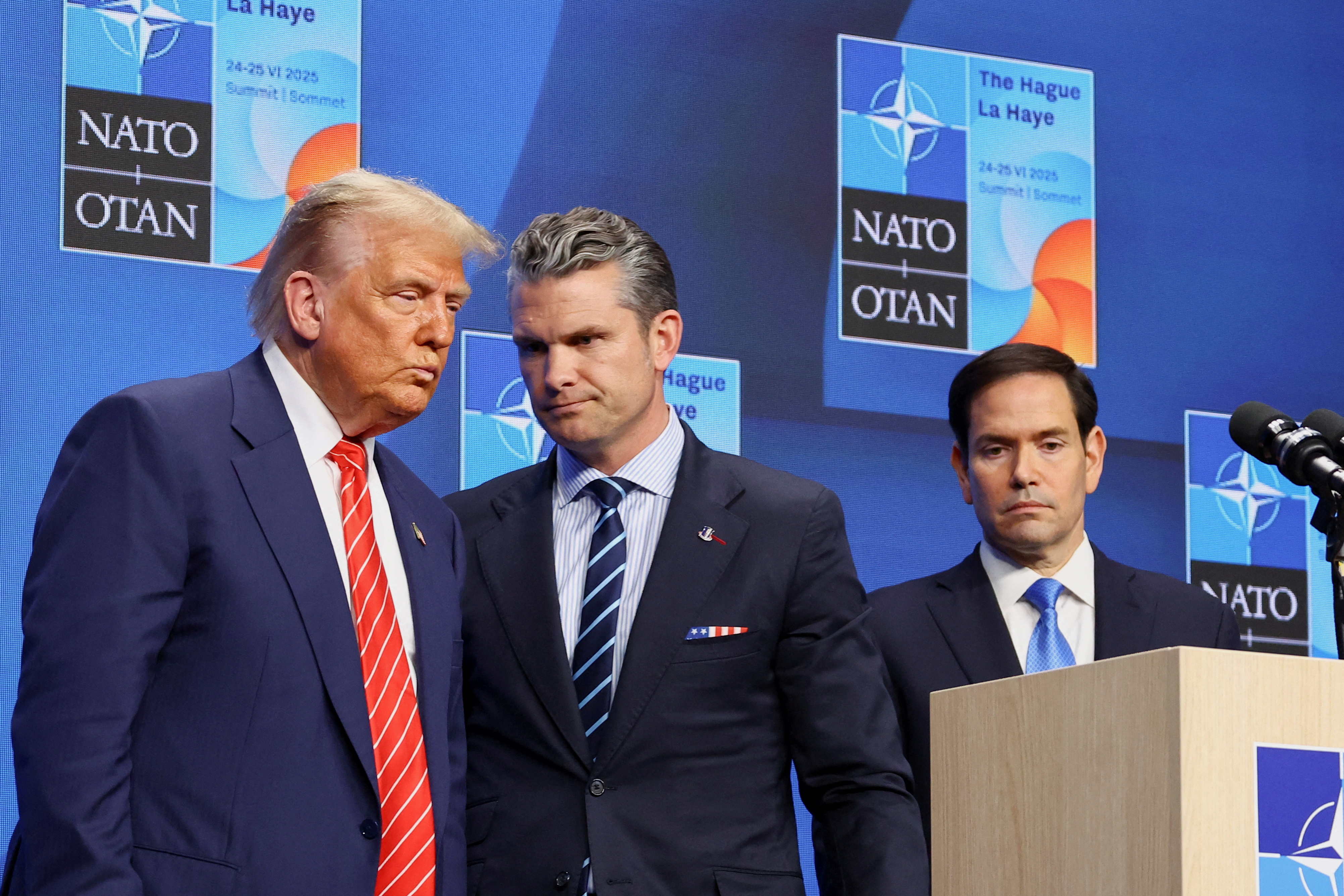 FILE PHOTO: U.S. President Donald Trump, U.S. Secretary of Defense Pete Hegseth and U.S. Secretary of State Marco Rubio attend a press conference at the NATO summit in The Hague, Netherlands June 25, 2025.