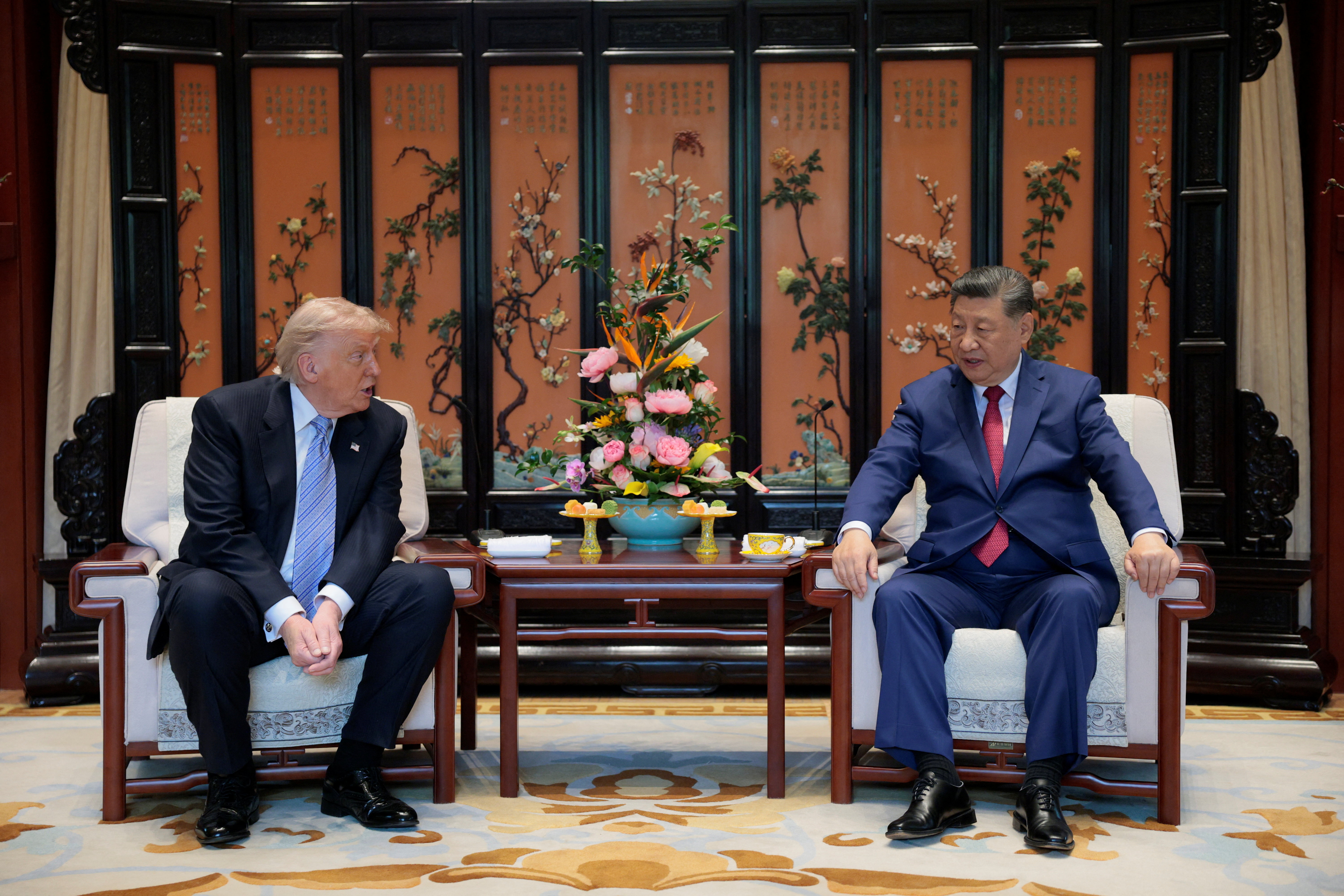 Chinese President Xi Jinping and U.S. President Donald Trump attend a meeting on the sidelines of their visit to the Zhongnanhai Garden in Beijing, China, May 15, 2026. REUTERS/Evan Vucci/Pool