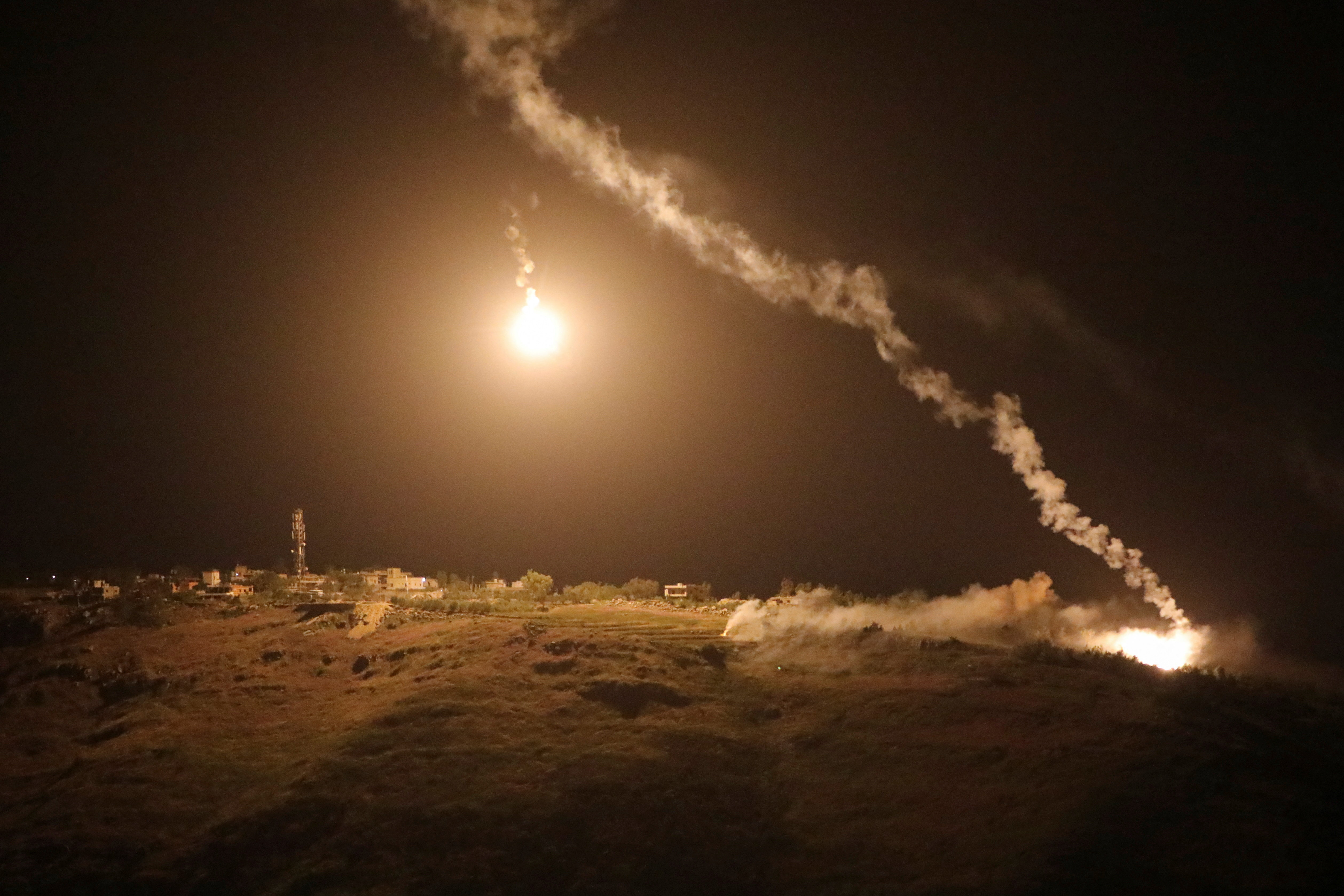 Flares are fired by Israeli forces in Arnoun as seen from Marjayoun, Lebanon May 14, 2026.