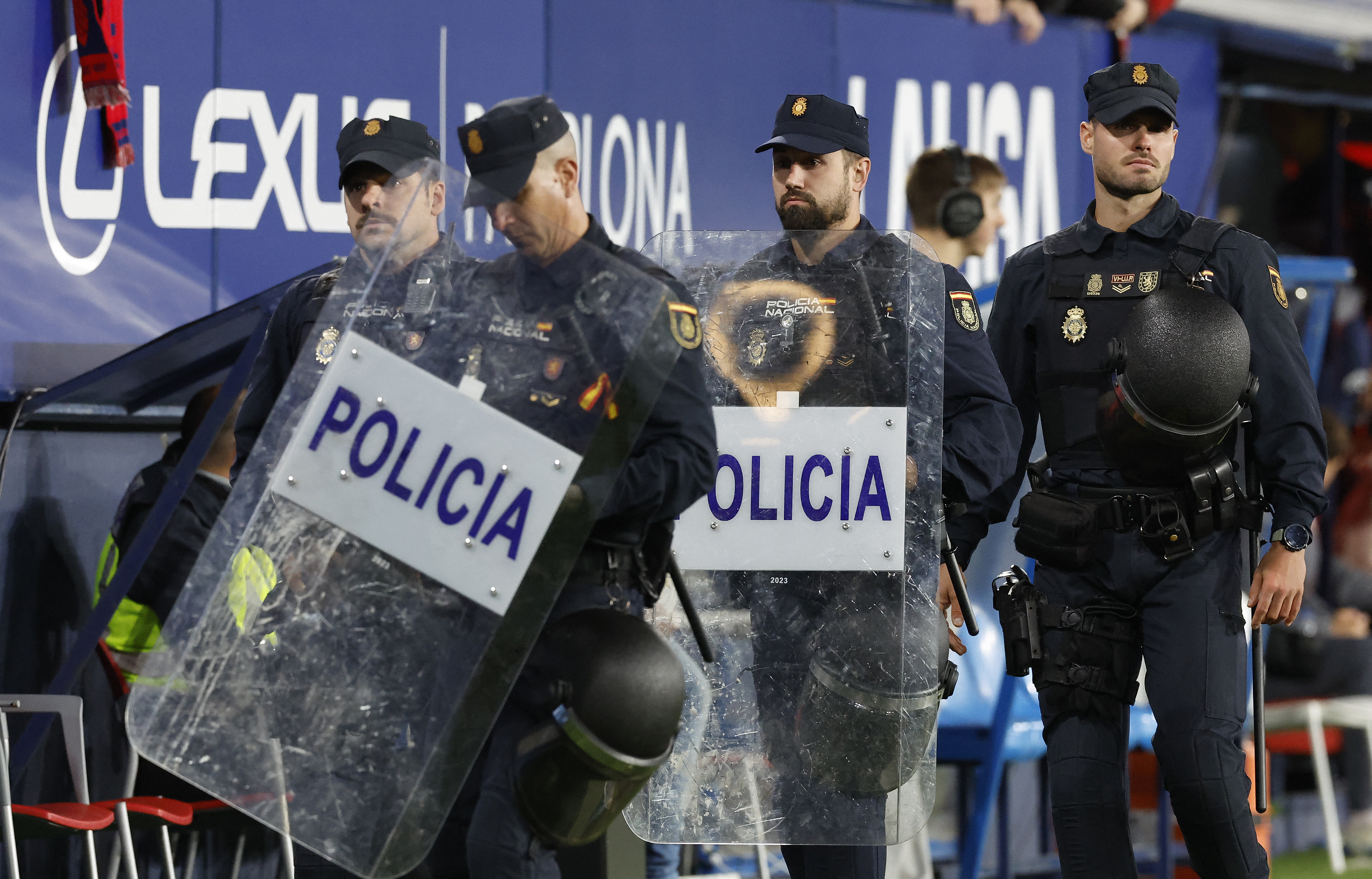 Soccer Football - LaLiga - Osasuna v Atletico Madrid - El Sadar Stadium, Pamplona, Spain - May 12, 2026 Police officers are seen during the match REUTERS/Vincent West