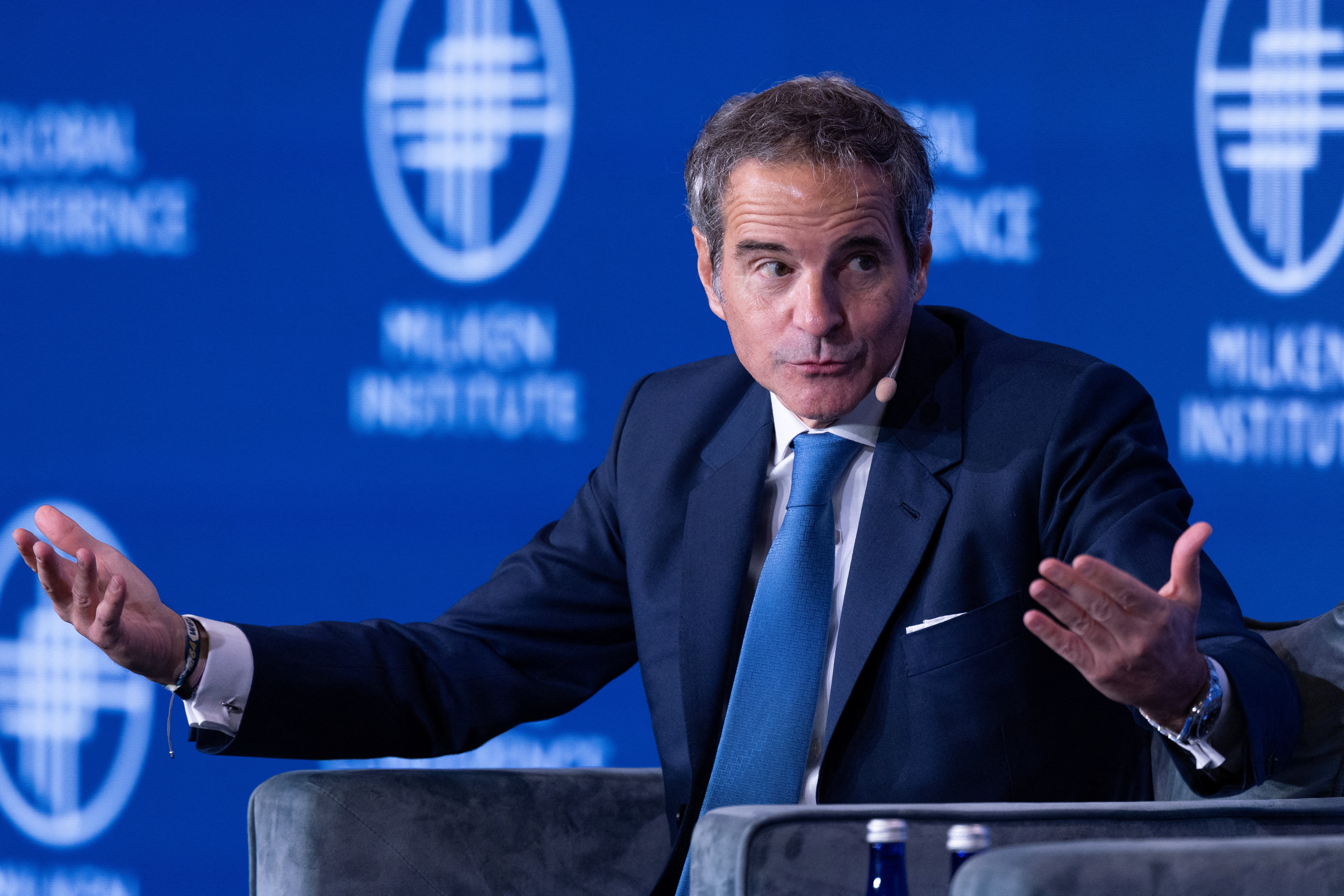 Rafael Mariano Grossi, Director General of the International Atomic Energy Agency, speaks during the Milken Institute Global Conference 2026 in Beverly Hills, California, U.S., May, 4, 2026.  REUTERS/Mike Blake