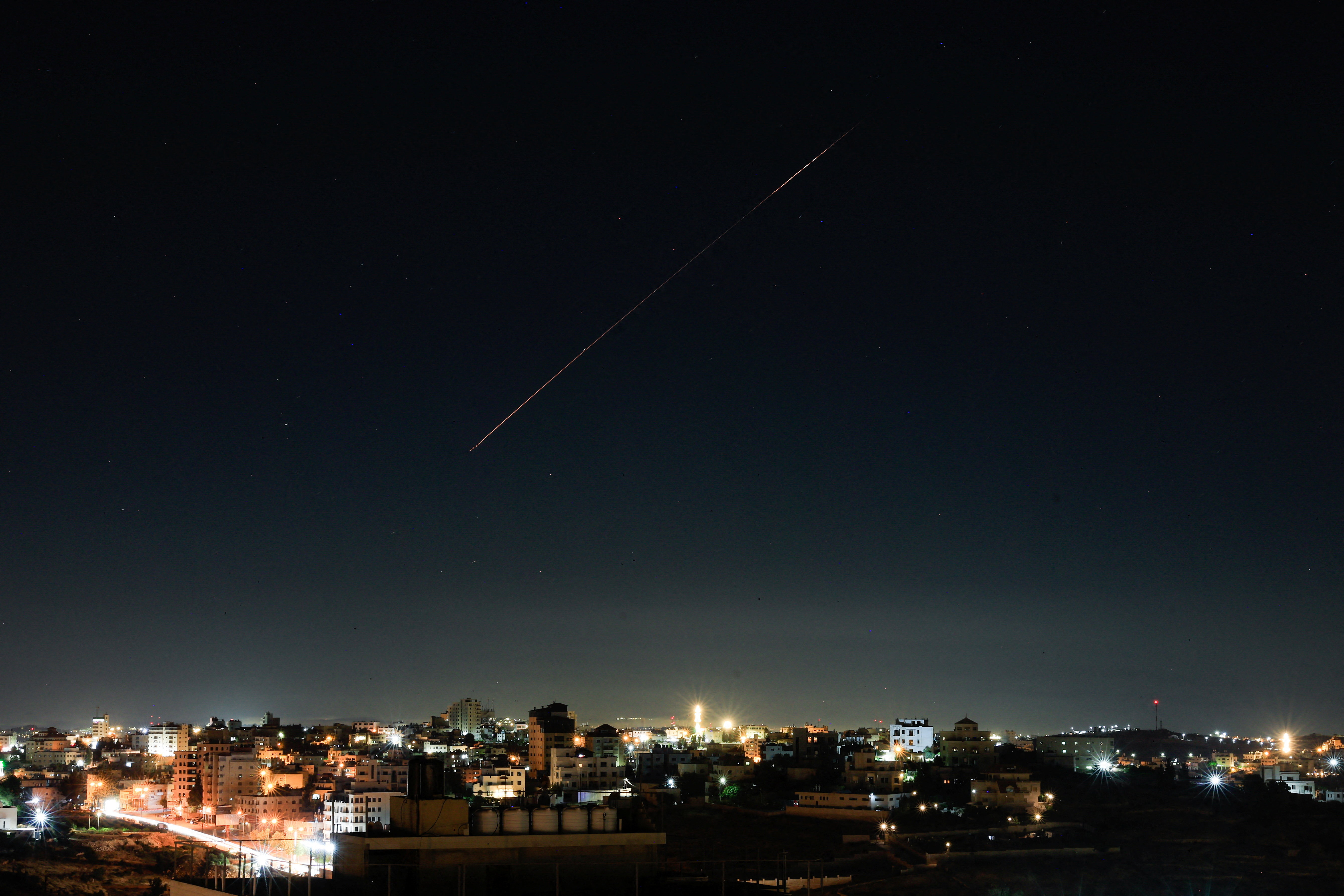 An Israeli air-defence missile flies in the sky over Israel, as seen from Hebron, in the Israeli-occupied West Bank, June 7, 2026.