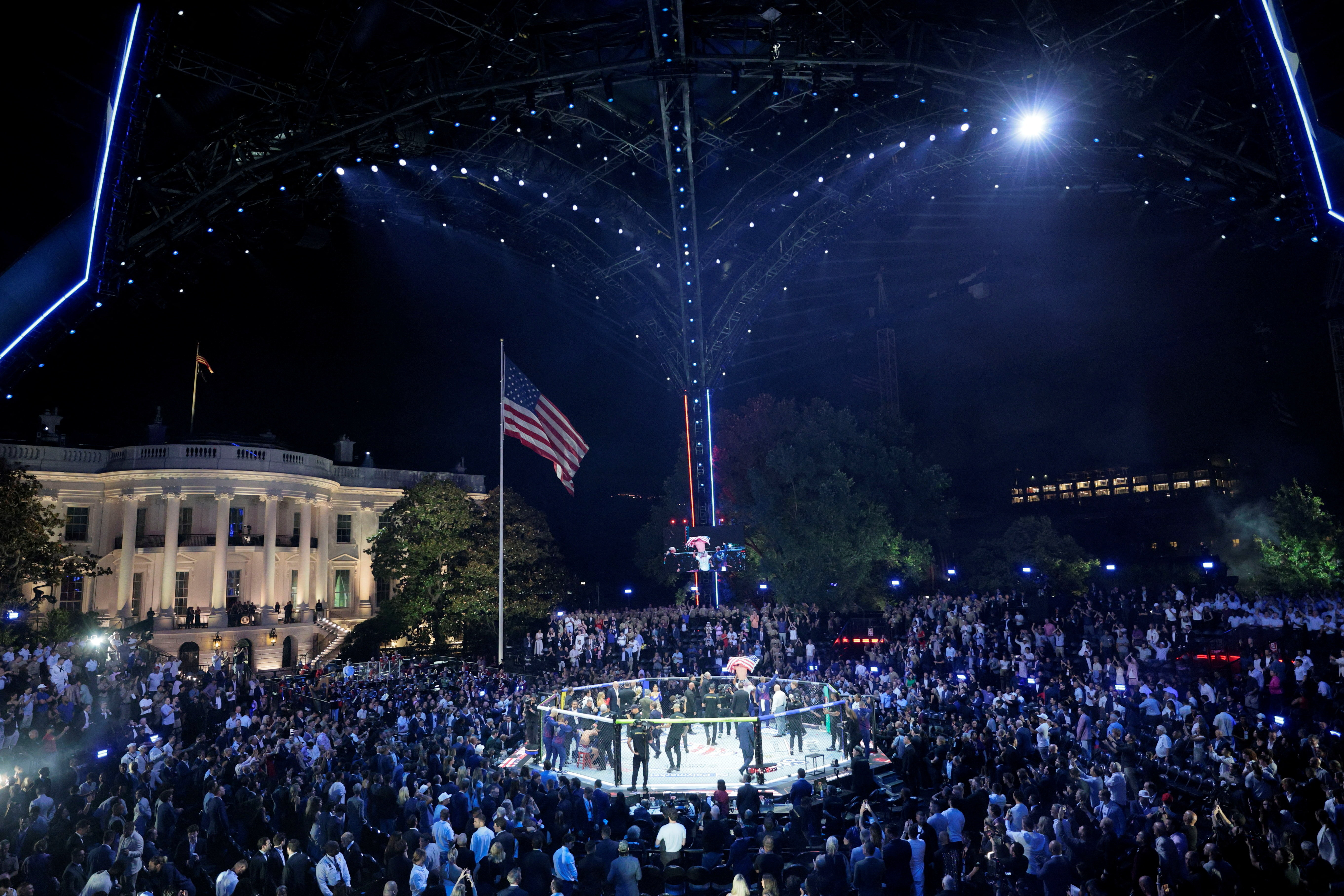 Justin Gaethje celebrates defeating Ilia Topuria in their lightweight championship bout at UFC Freedom 250 on the South Lawn of the White House in Washington, D.C., U.S., June 15, 2026. REUTERS/Evan Vucci/Pool