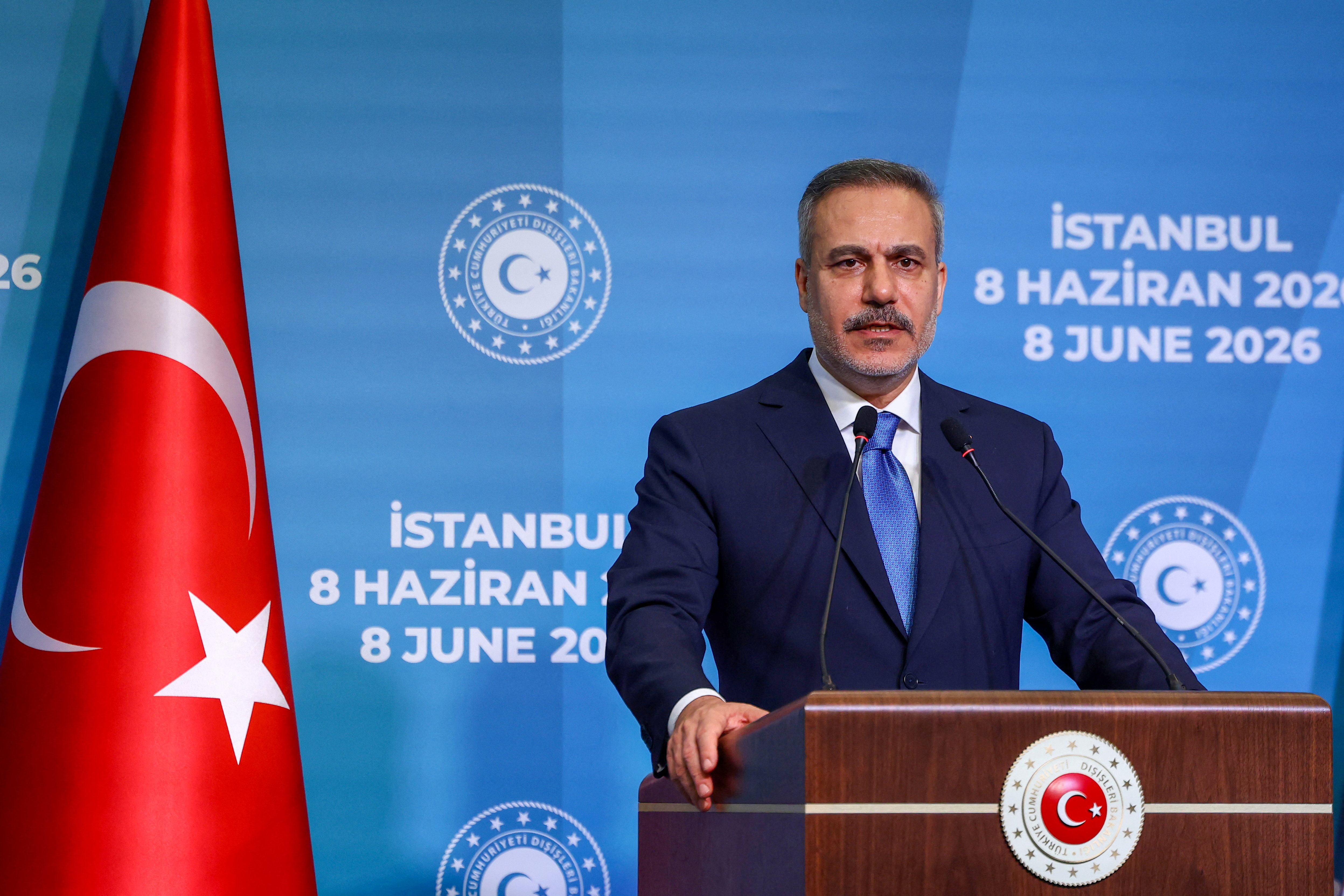 Turkish Foreign Minister Hakan Fidan speaks during a press conference with his counterparts Jeyhun Bayramov of Azerbaijan and Maka Bochorishvili of Georgia (not pictured) after their meeting in Istanbul, Turkey, June 8, 2026. REUTERS/Dilara Senkaya