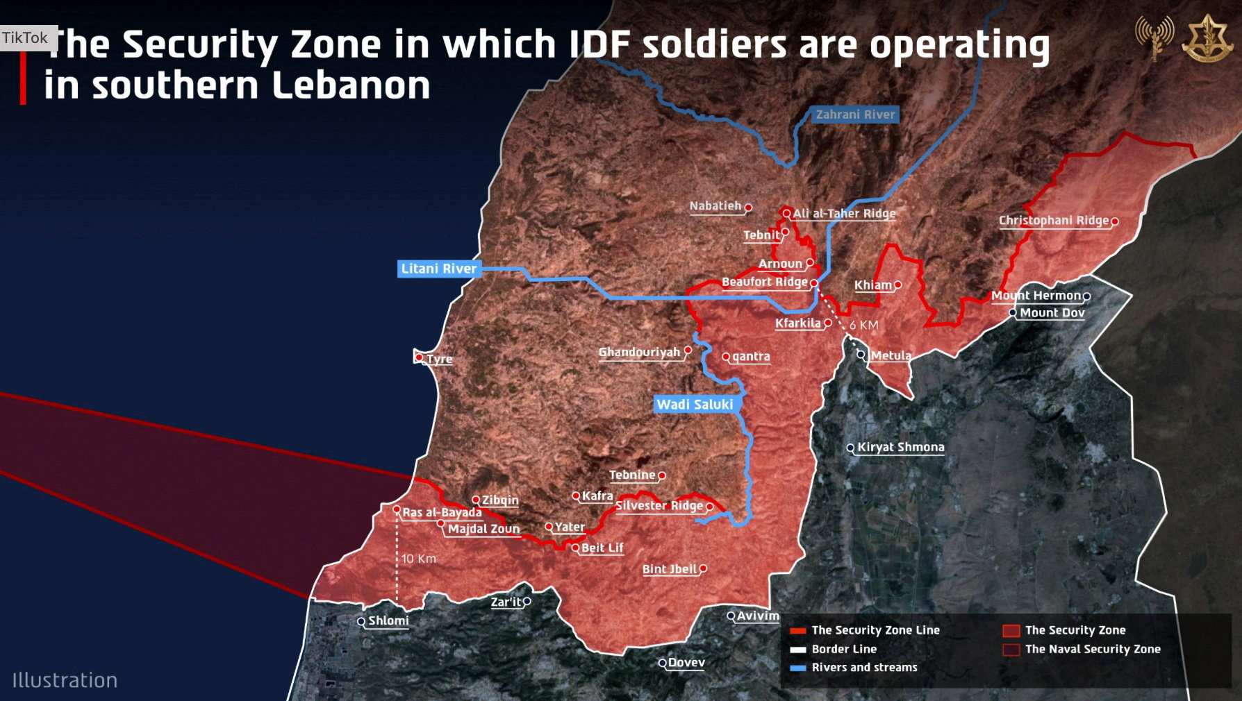 A map published by the Israeli army-IDF, indicates the Security zone in which IDF soldiers are operating in southern Lebanon