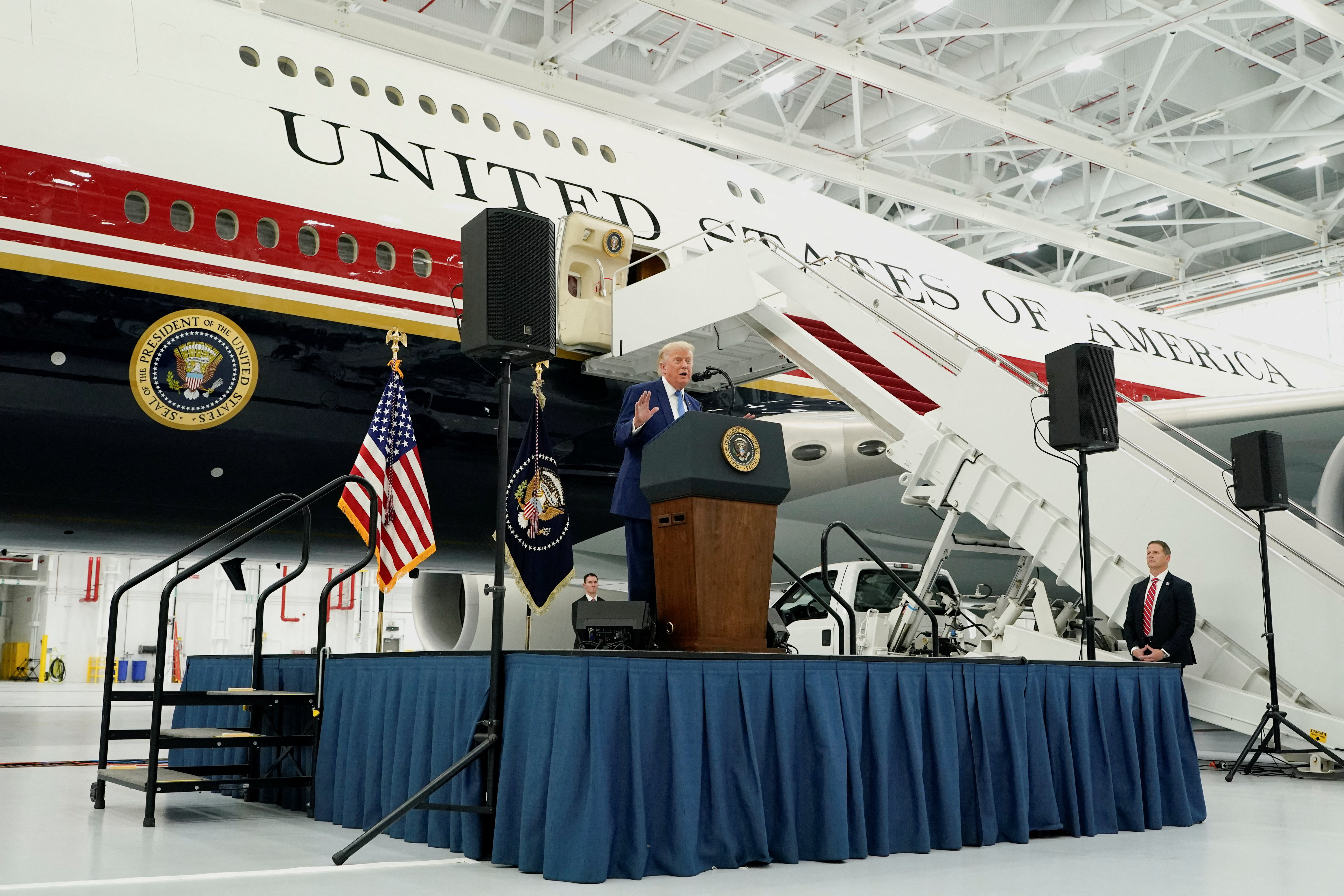 U.S. President Donald Trump delivers a speech as he stands in front of the VC-25B aircraft gifted by Qatar that will be used as Air Force One, at Joint Base Andrews, Maryland, U.S., June 19, 2026. REUTERS/Elizabeth Frantz