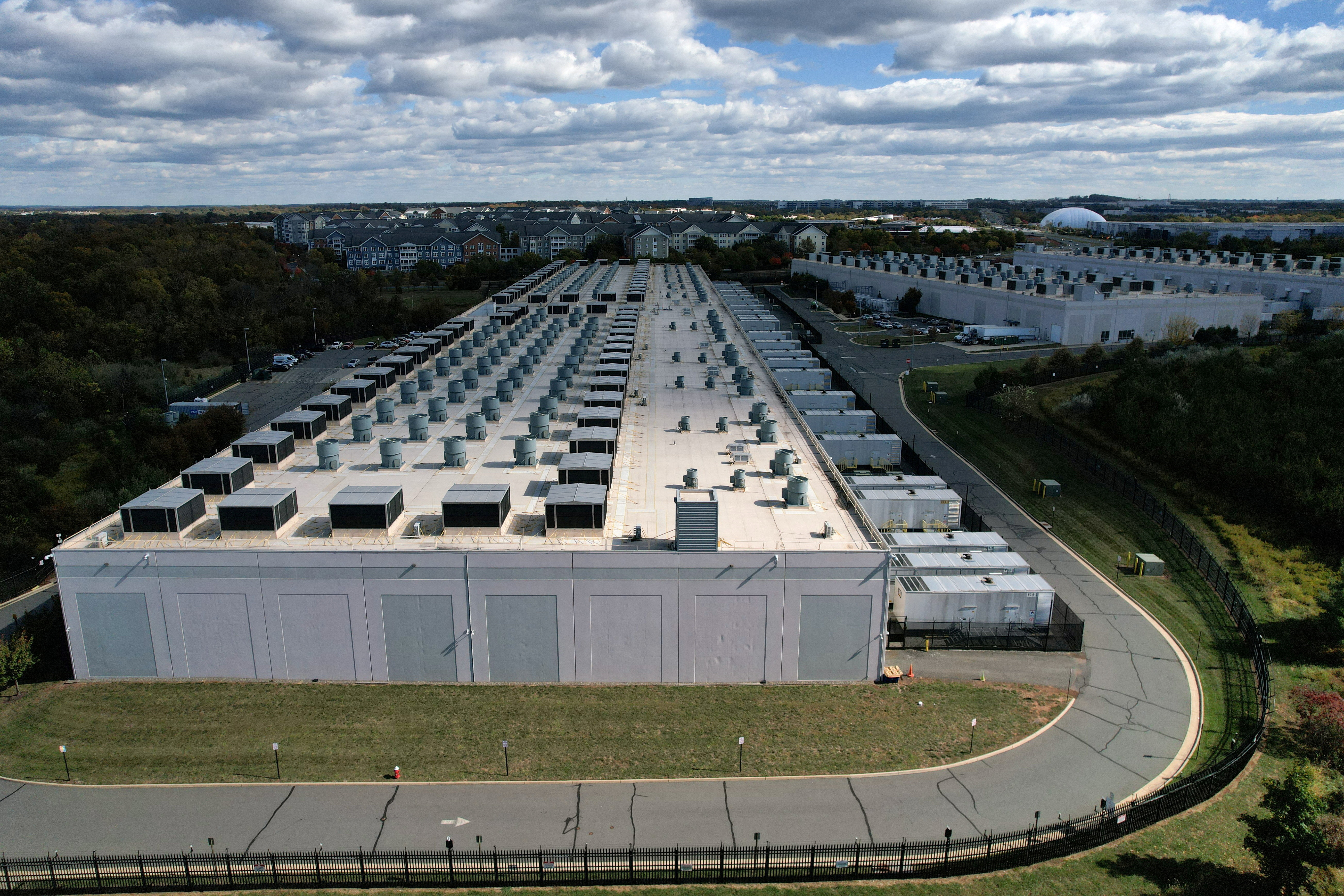 FILE PHOTO: An aerial view of an Amazon Web Services Data Center known as US East 1 in Ashburn, Virginia, U.S., October 20, 2025.