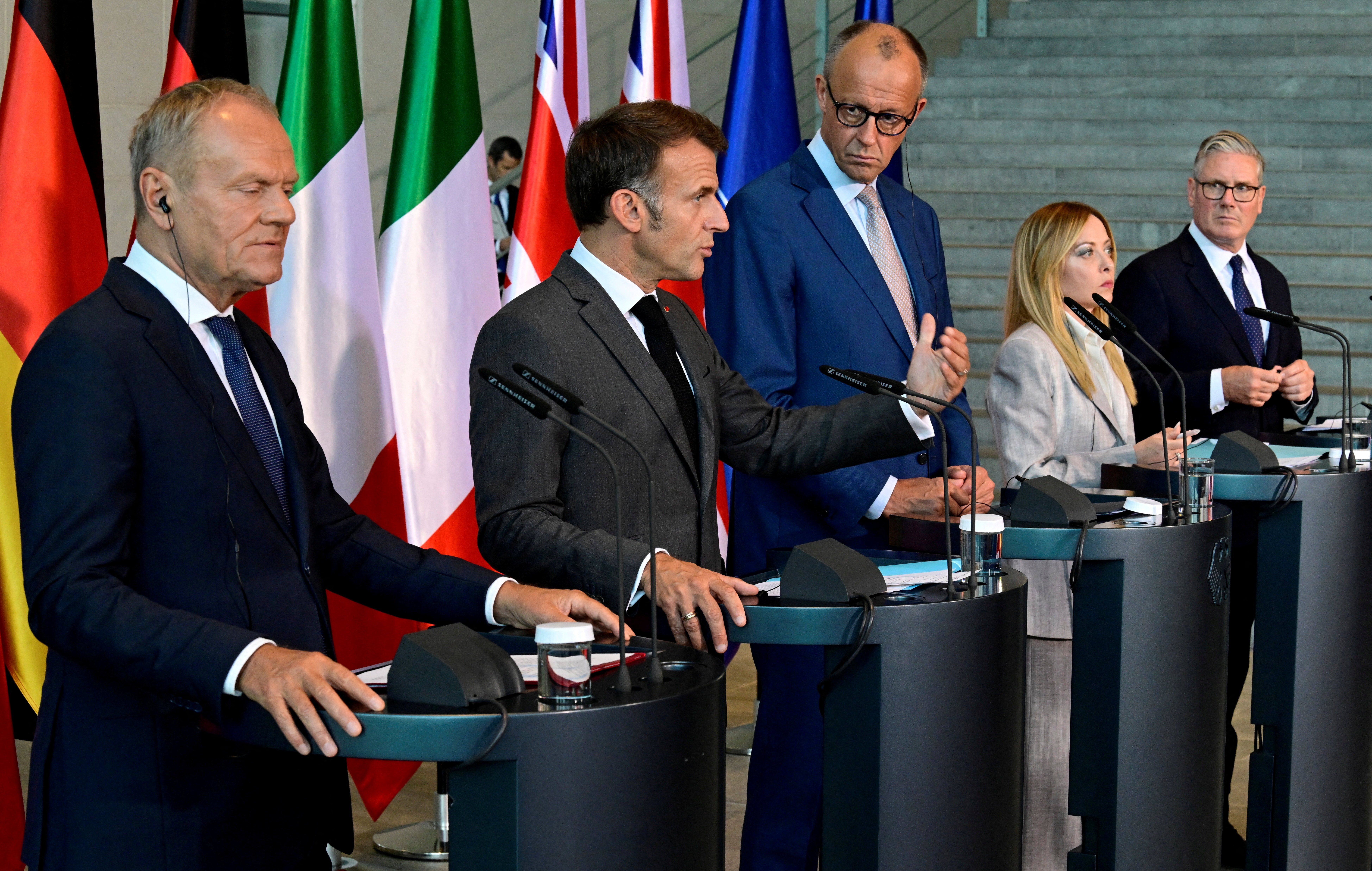 Poland's Prime Minister Donald Tusk, France's President Emmanuel Macron, German Chancellor Friedrich Merz, Italy's Prime Minister Giorgia Meloni and Britain's Prime Minister Keir Starmer