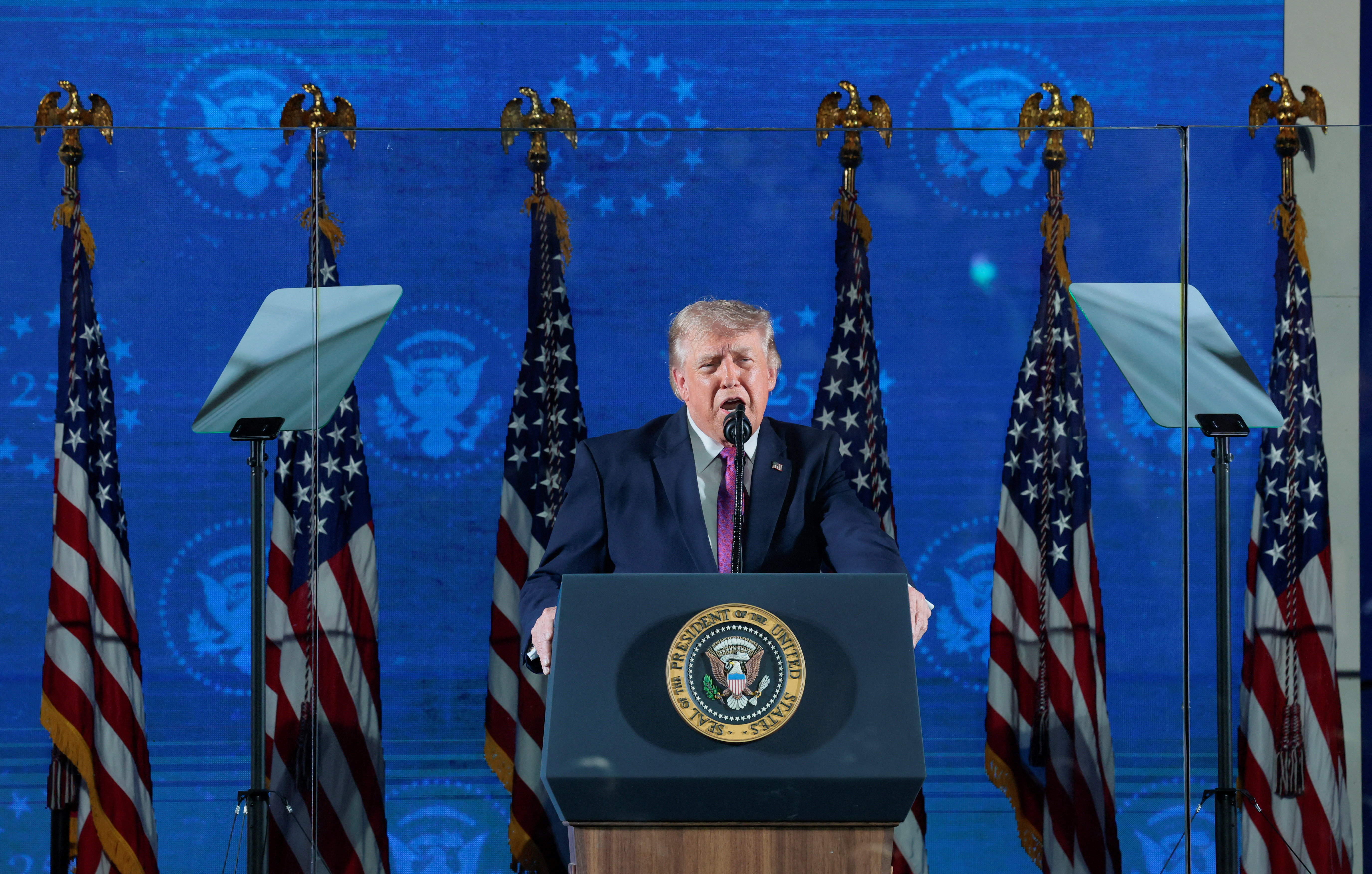 U.S. President Donald Trump delivers remarks during a celebration for the 250th anniversary of U.S. independence, at Mount Rushmore in Keystone, South Dakota, U.S., July 3, 2026. REUTERS/Kylie Cooper