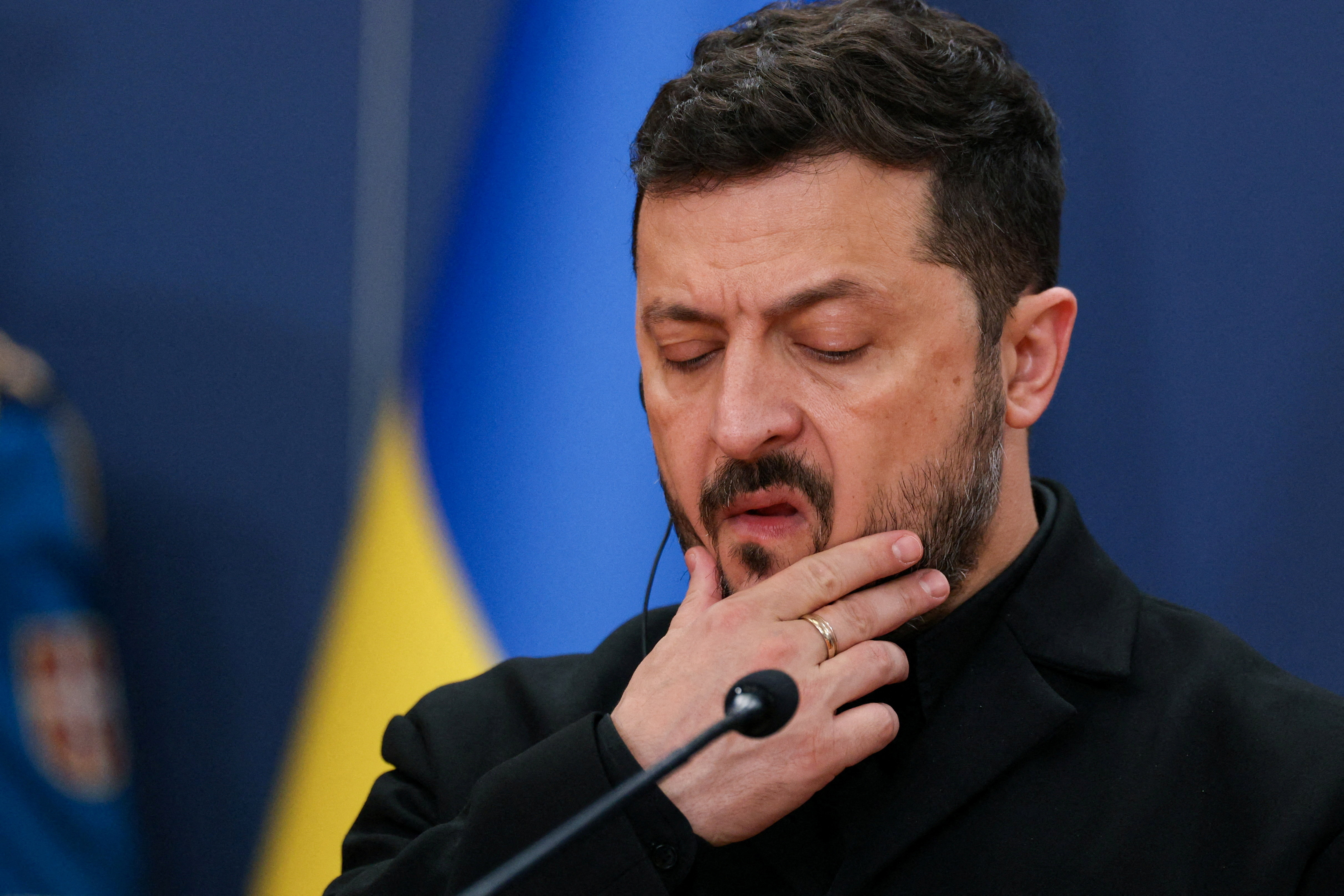 Ukrainian President Volodymyr Zelenskiy attends a press conference with Serbian President Aleksandar Vucic (not pictured) during his visit to Belgrade, Serbia, August 8, 2026.