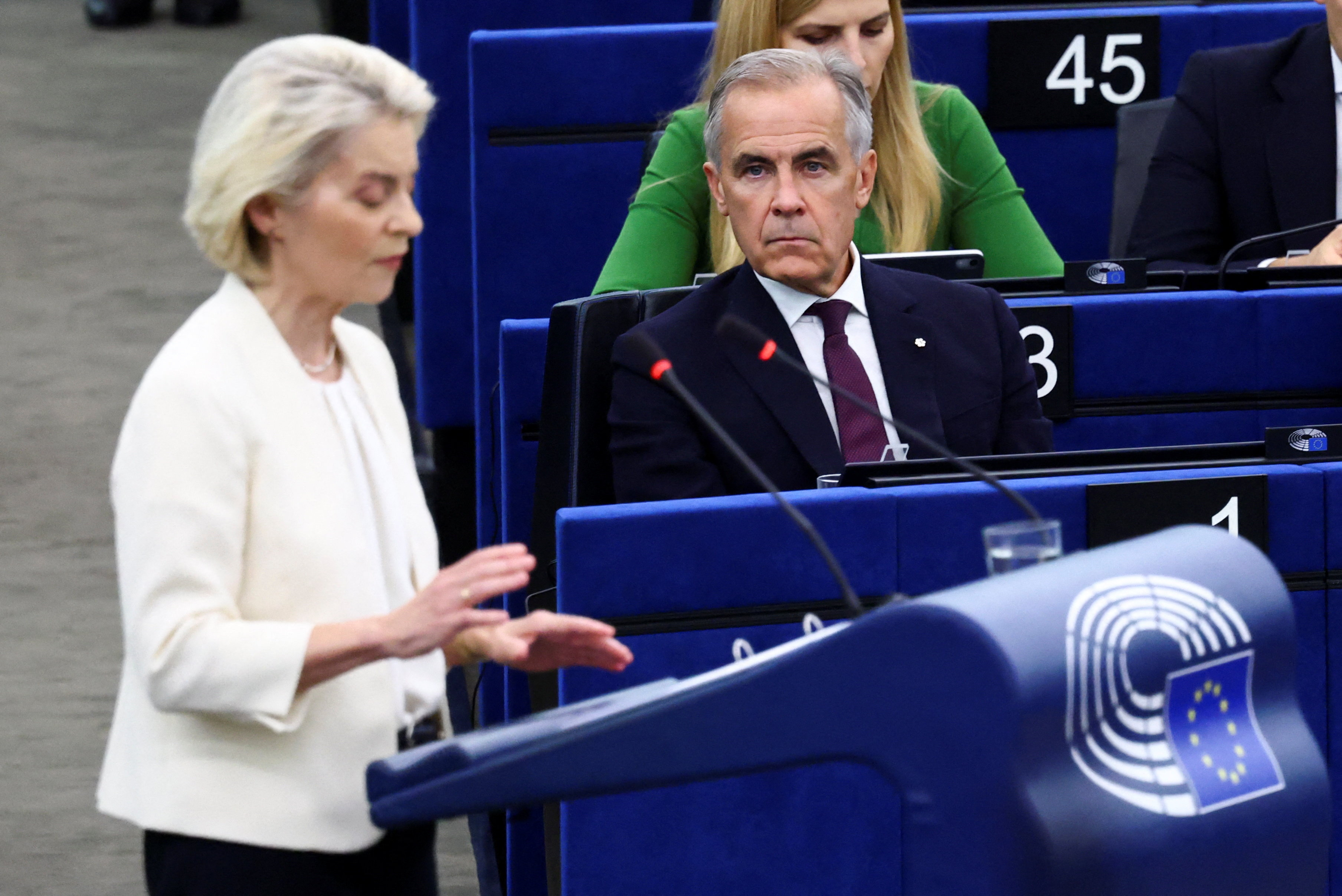 Canadian Prime Minister Mark Carney looks on during the State of the European Union address (SOTEU) by European Commission President Ursula von der Leyen to the European Parliament, in Strasbourg, France, September 16, 2026. REUTERS/Yves Herman
