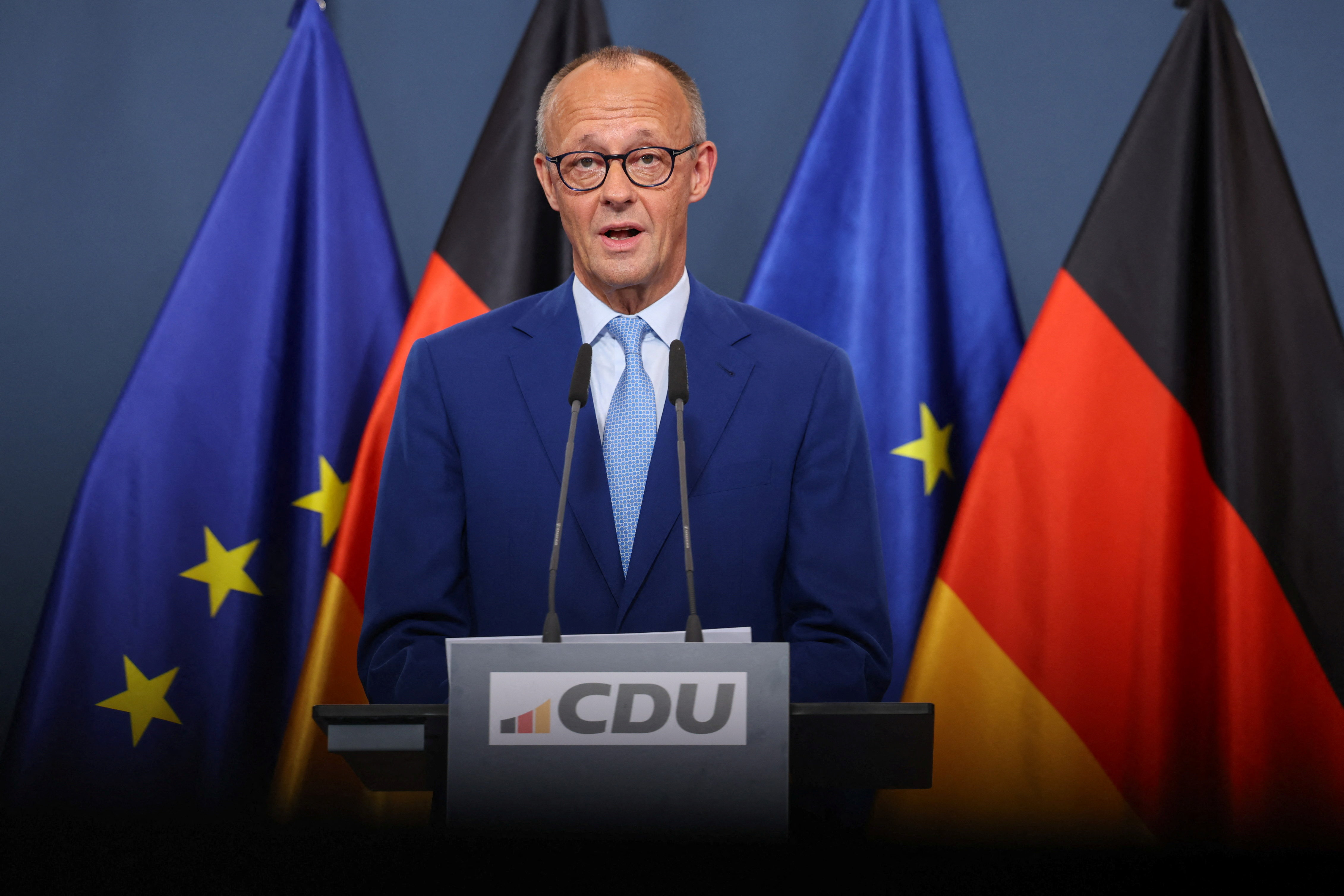 German Chancellor Friedrich Merz gives a statement after first exit polls of the Berlin and Mecklenburg Western Pomerania state elections, at the CDU headquarters in Berlin, Germany, September 20, 2026. REUTERS/Christian Mang