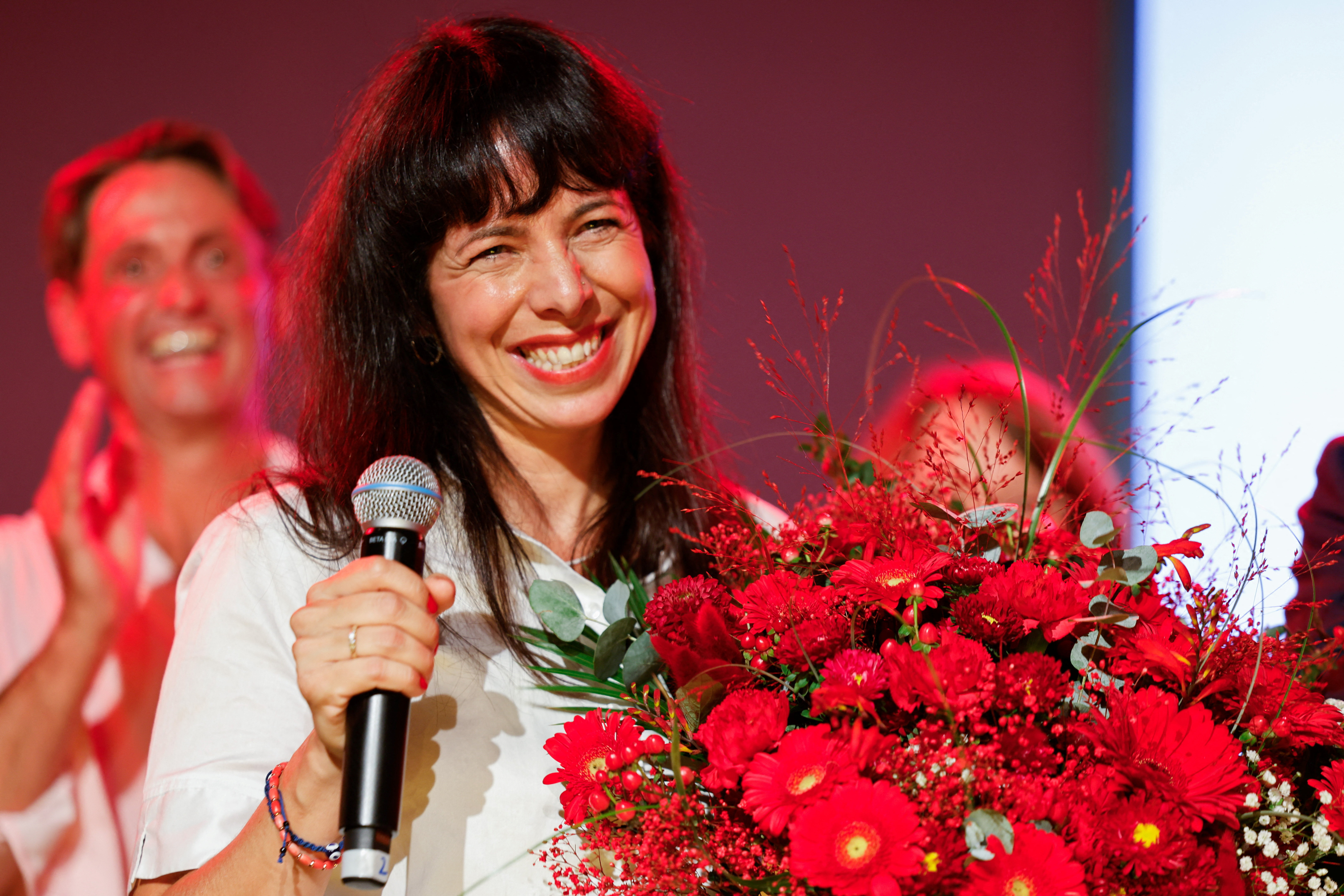 Die Linke (the Left) party top candidate Elif Eralp speaks as exit polls are announced after voting ended in the Berlin state election, in Berlin, Germany, September 20, 2026.