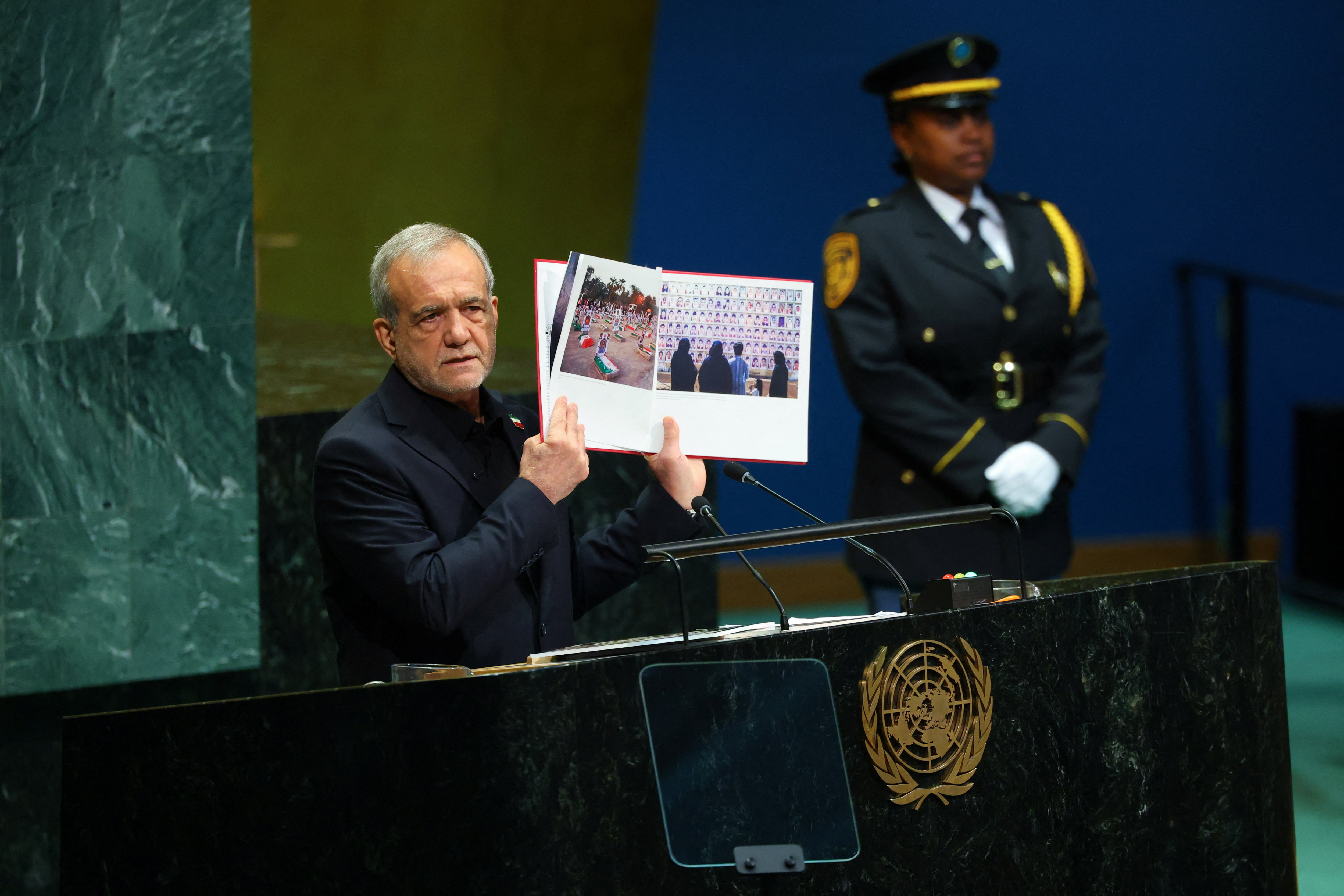 Iran's President Masoud Pezeshkian addresses the 81st United Nations General Assembly (UNGA) at UN headquarters in New York City, US, September 23, 2026.