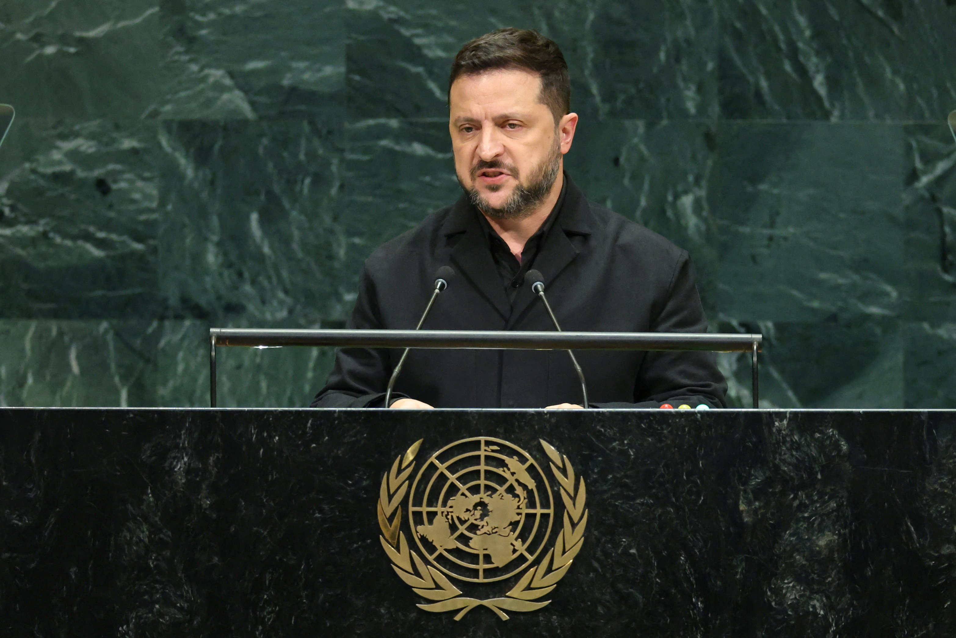 Ukraine's President Volodymyr Zelenskiy addresses the 81st United Nations General Assembly (UNGA) at UN headquarters in New York City, US