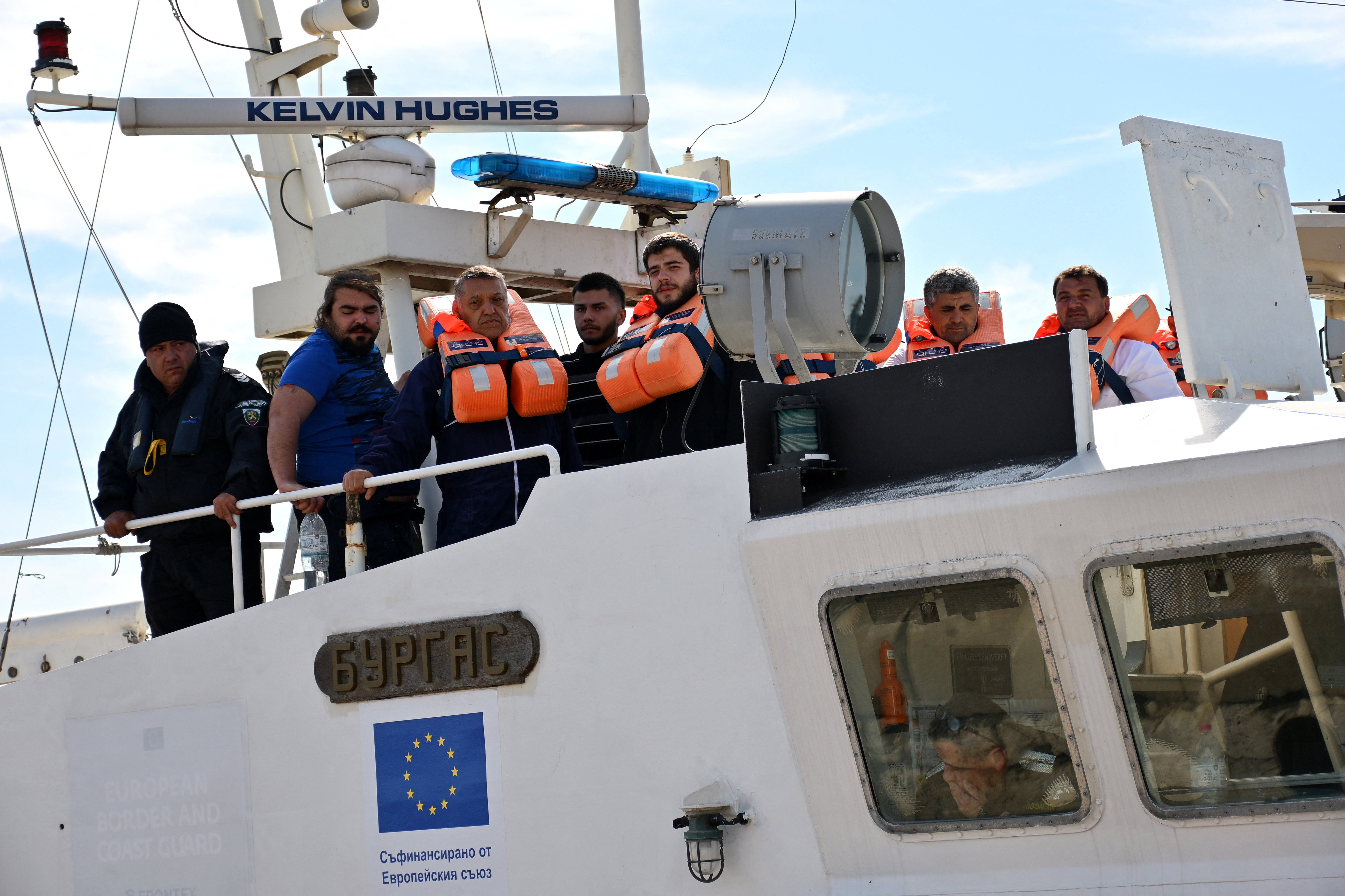A Bulgarian border police vessel carrying crew members from a ship damaged in a drone attack, in Varna, Bulgaria,  October 6, 2026. REUTERS/Petko Momchilov