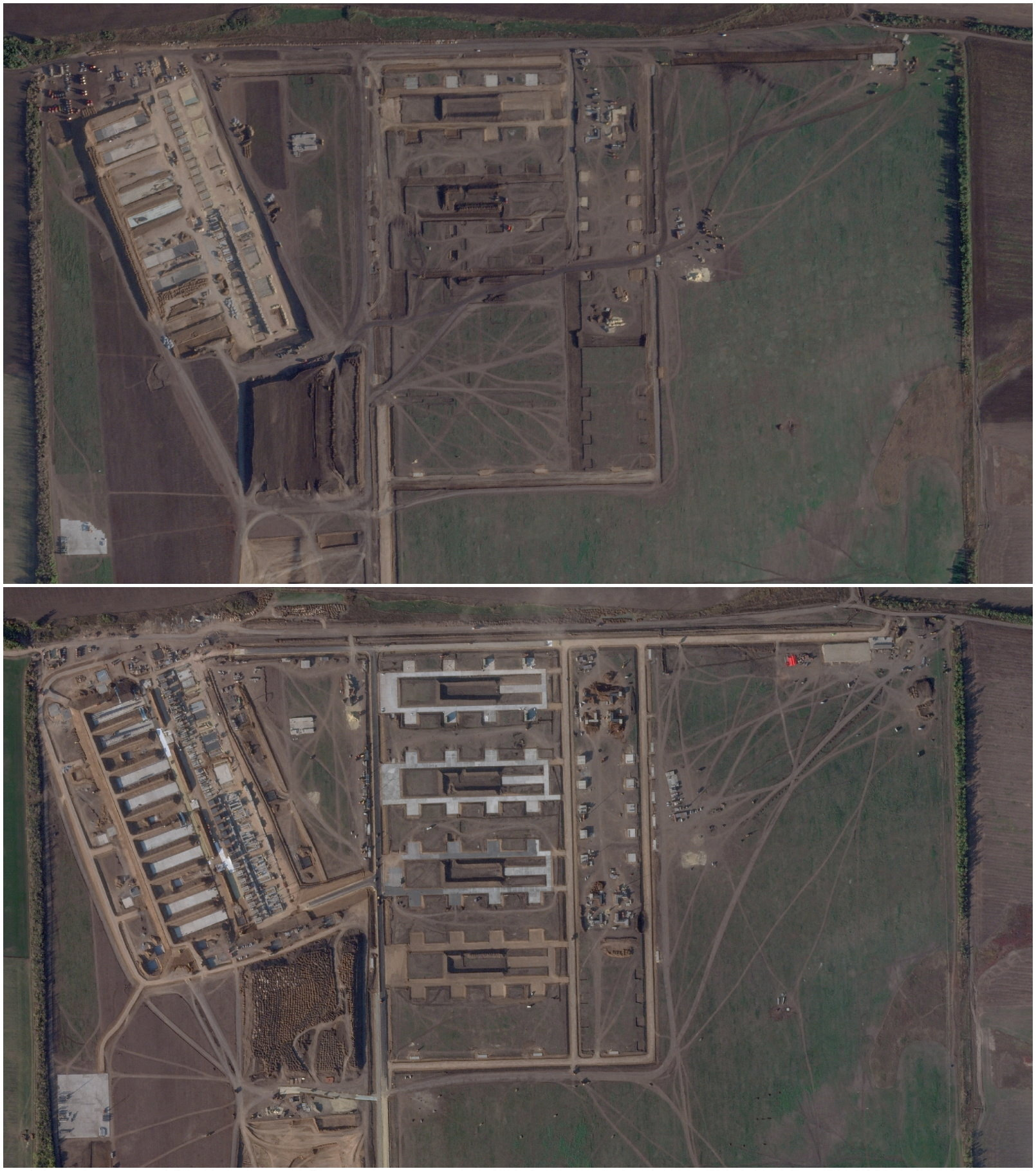 A combination of satellite images shows the area where a large drone launch site is under construction, near Millerovo, Rostov Region, Russia, September 21, 2026,  October 11, 2026. 2026 PLANET LABS PBC/Handout via REUTERS