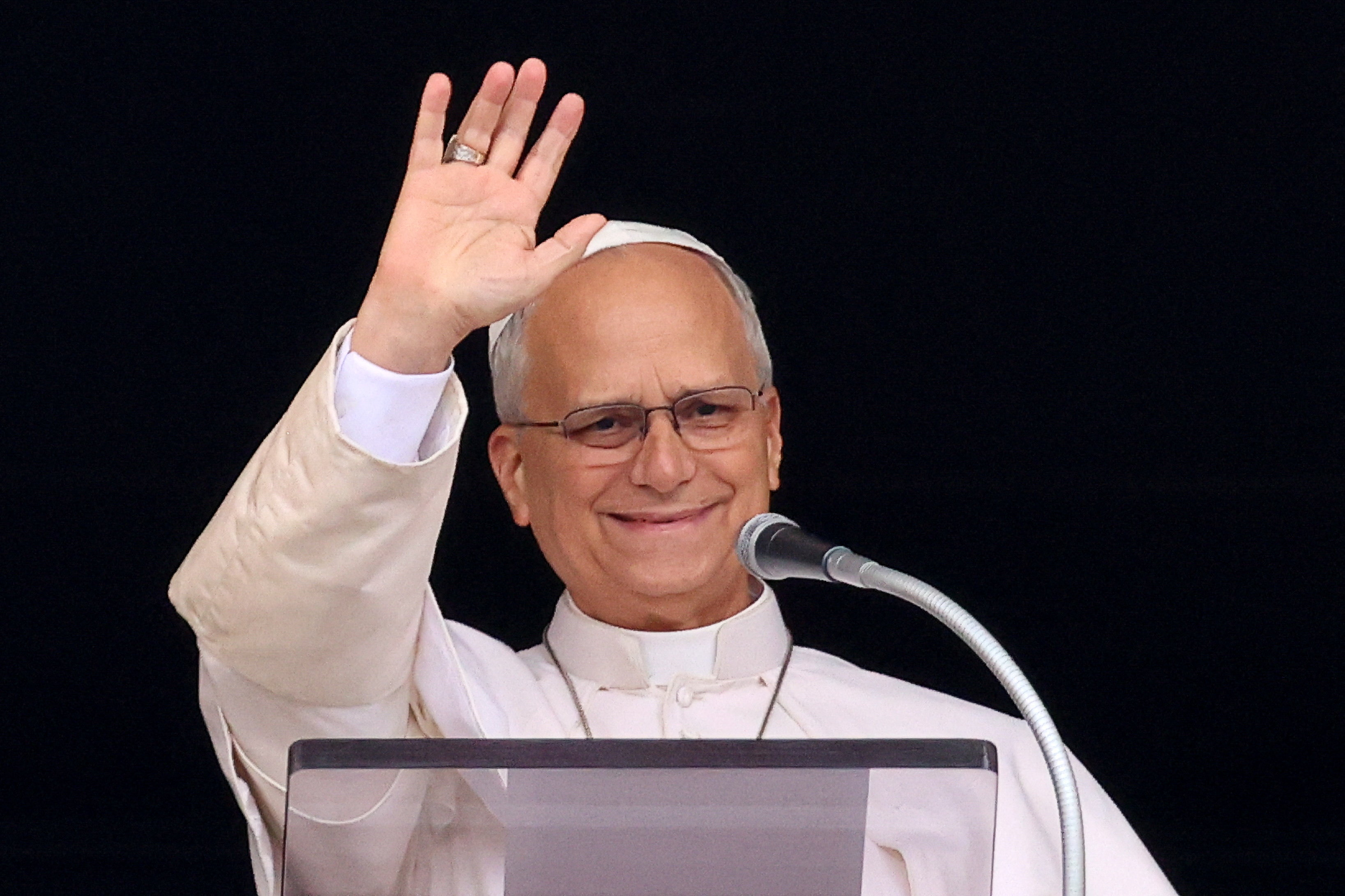 Pope Leo leads the Angelus prayer from a window of the Apostolic Palace, following his discharge from hospital after surgery for lung cancer, at the Vatican, October 18, 2026.