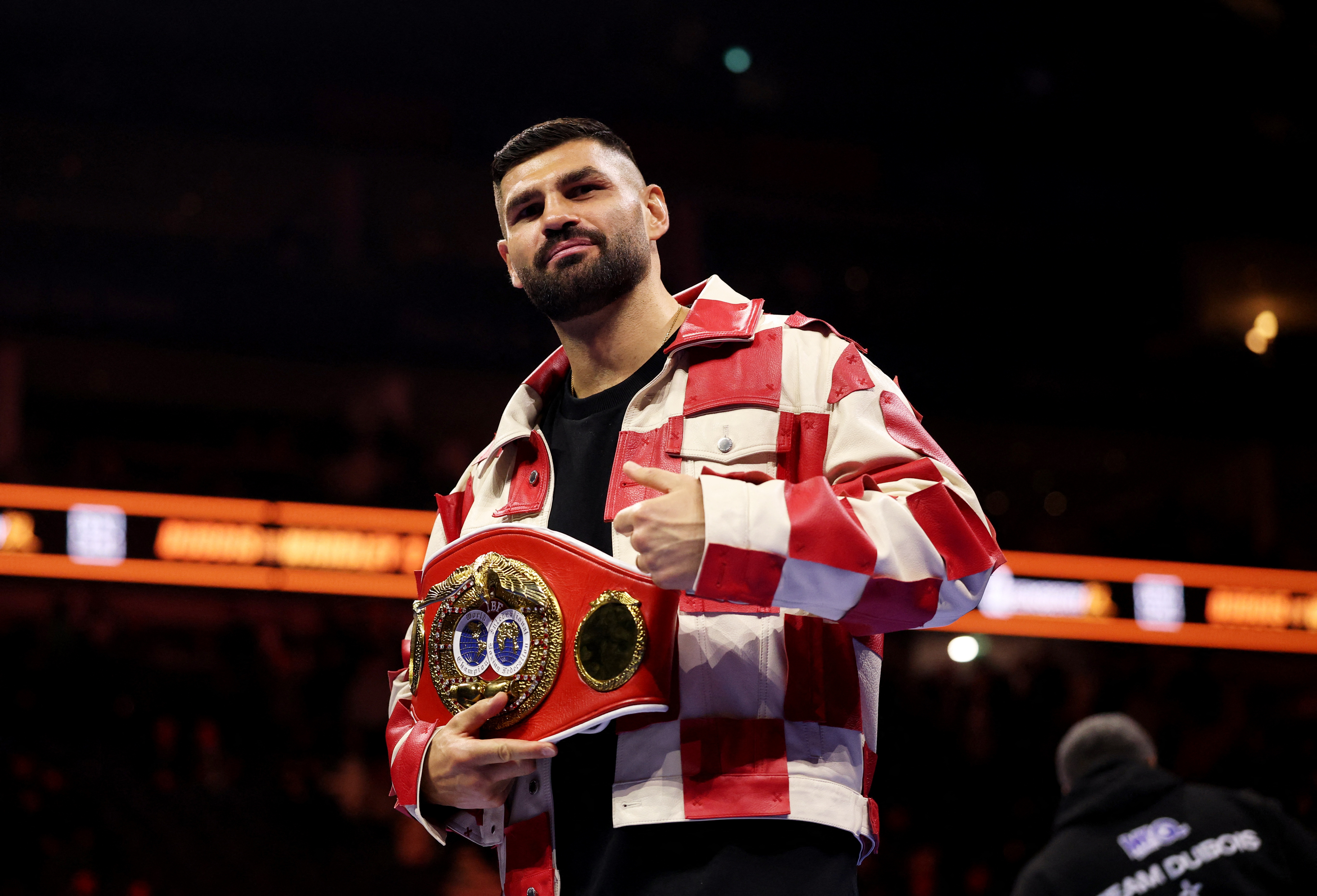 Boxing - Daniel Dubois v Fabio Wardley - WBO World Heavyweight Title -  IBF World Champion Filip Hrgovic holds his belt in the ring after Daniel Dubois defends his WBO World Heavyweight Title against Fabio Wardley Action Images via Reuters/John Sibley